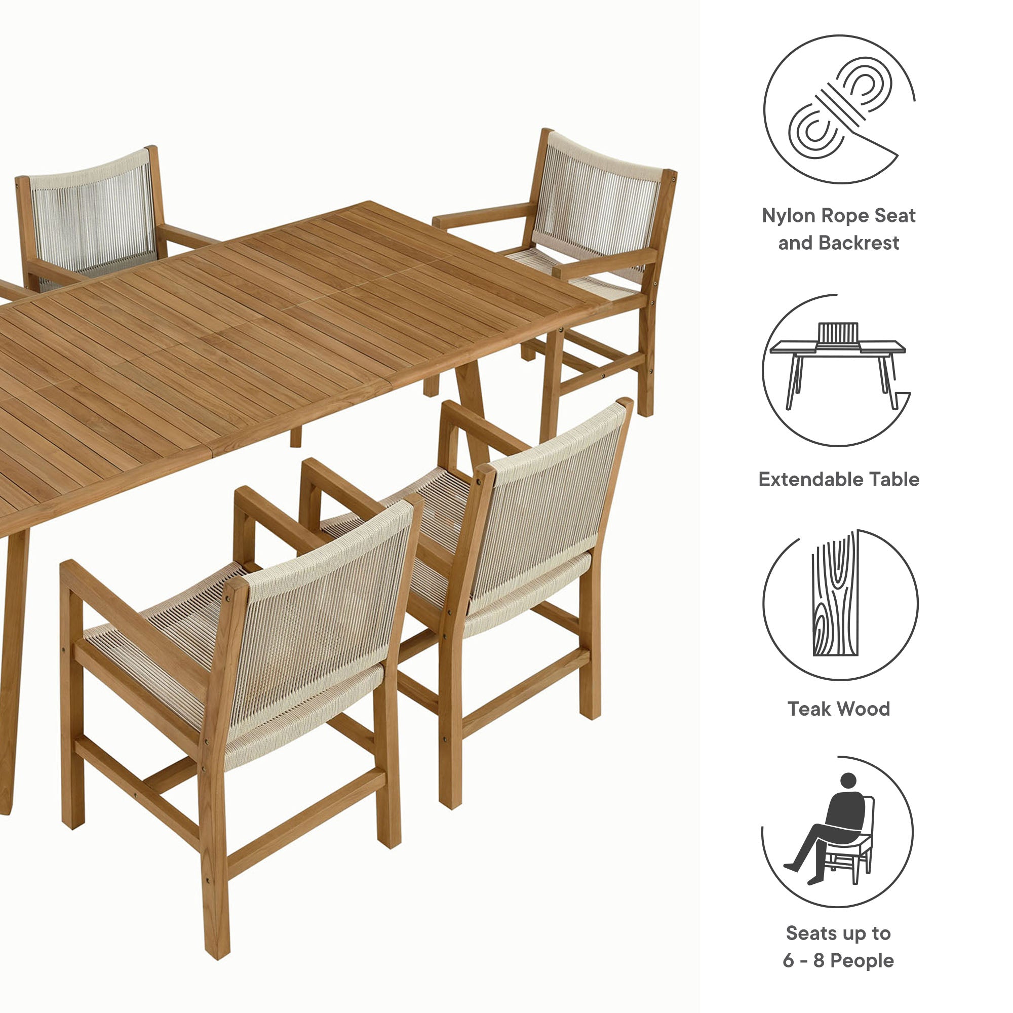 Vienna 7-Piece Outdoor Patio Teak and Rope Dining Set with Armchairs