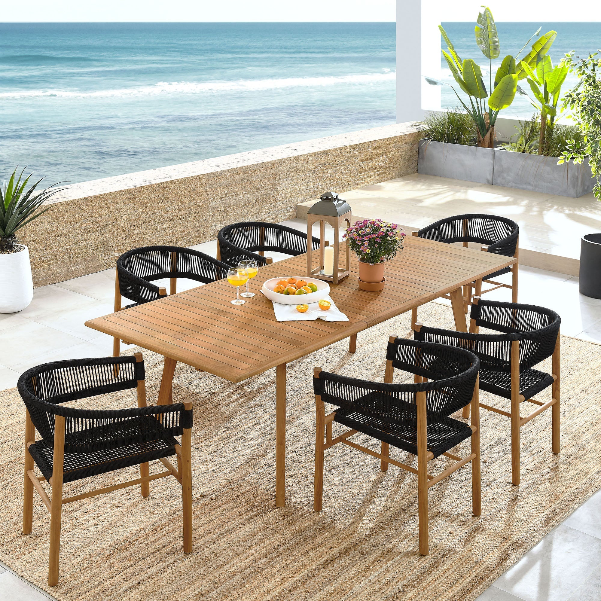 Vienna 7-Piece Outdoor Patio Teak and Rope Dining Set with Curved-Back Armchairs