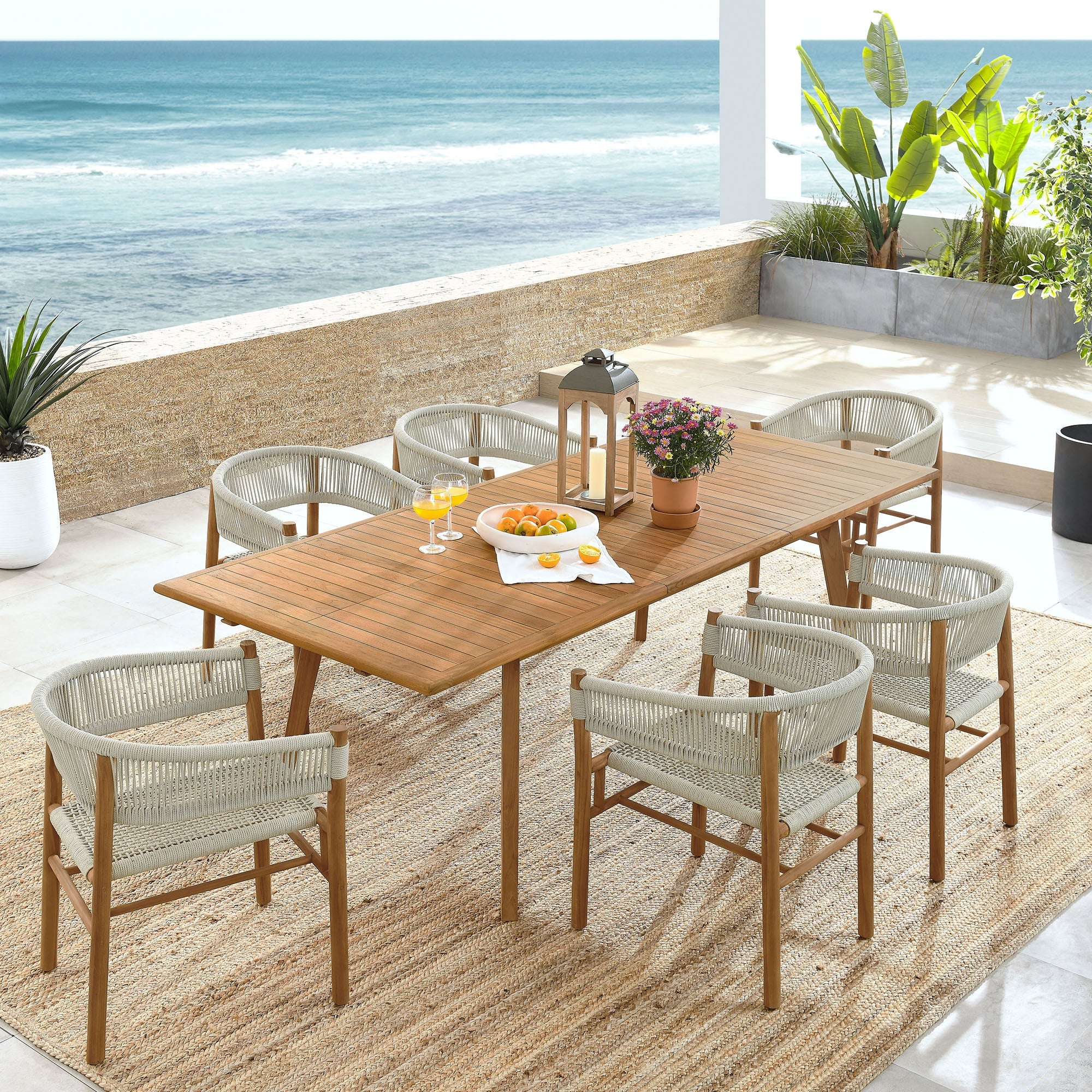 Vienna 7-Piece Outdoor Patio Teak and Rope Dining Set with Curved-Back Armchairs