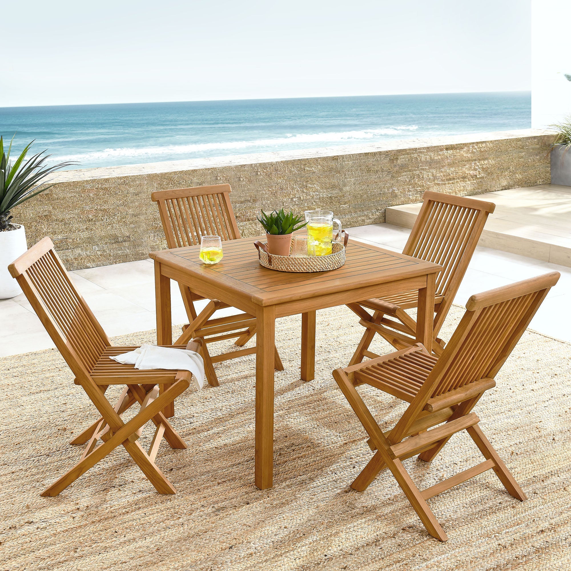 Vienna 5-Piece Outdoor Patio Teak Wood Dining Set with Folding Chairs in Natural Natural