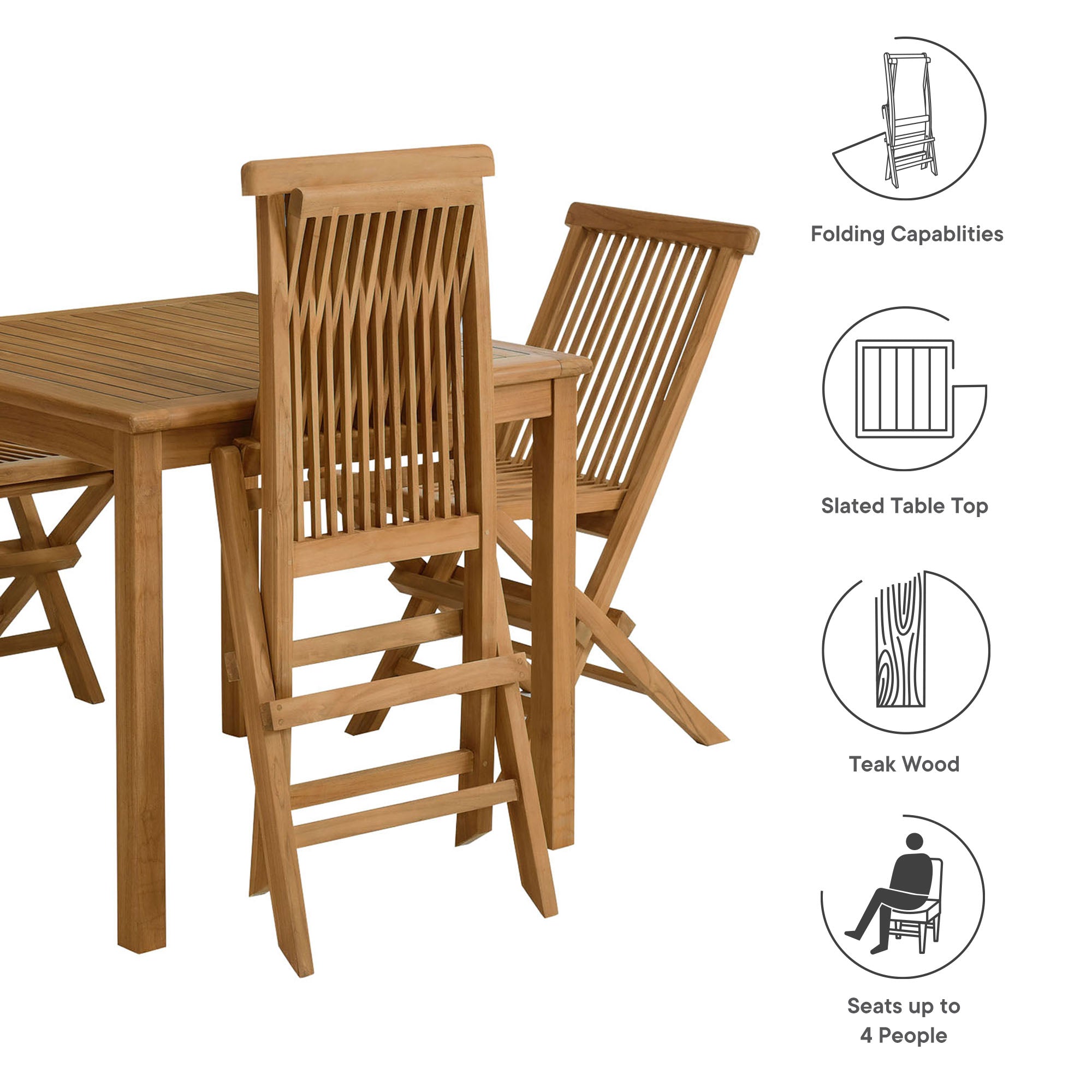 Vienna 5-Piece Outdoor Patio Teak Wood Dining Set with Folding Chairs in Natural Natural