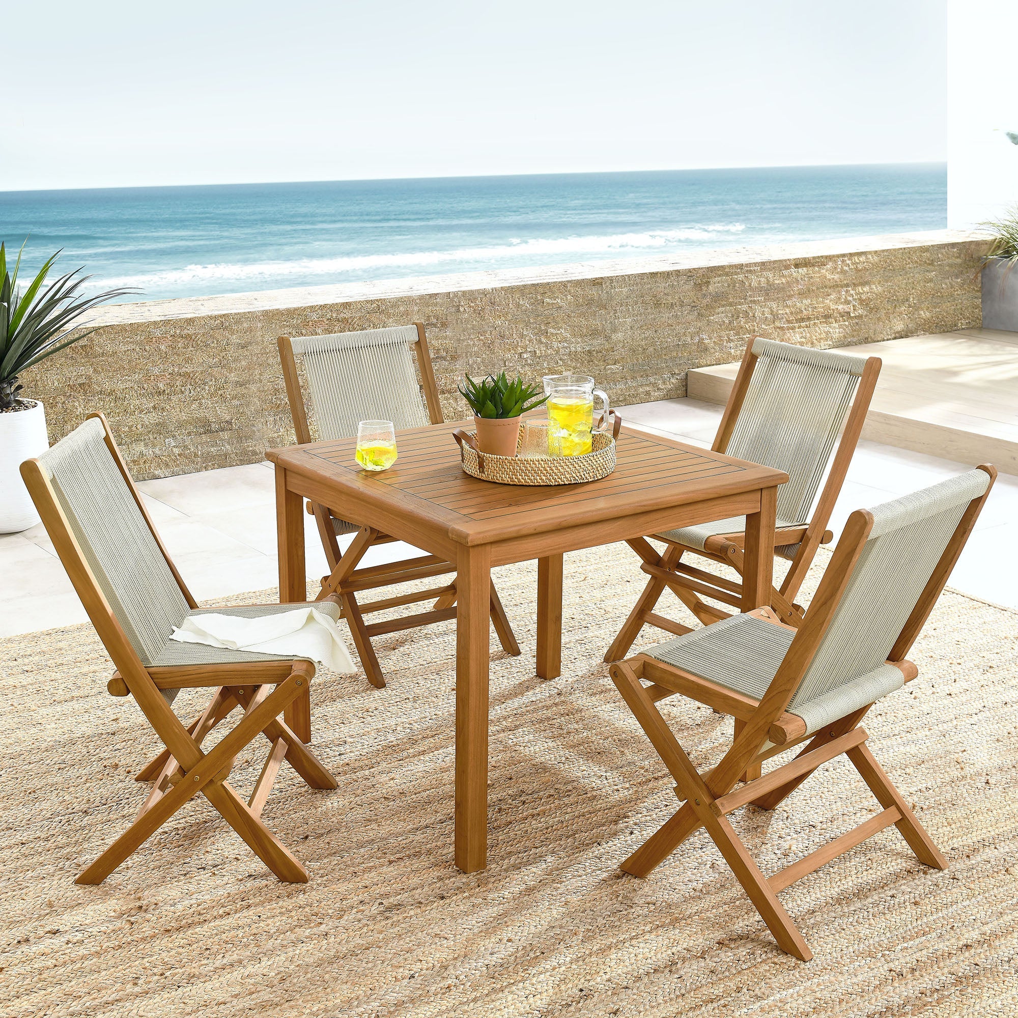 Vienna 5-Piece Outdoor Patio Teak Wood Dining Set with Rope Folding Chairs