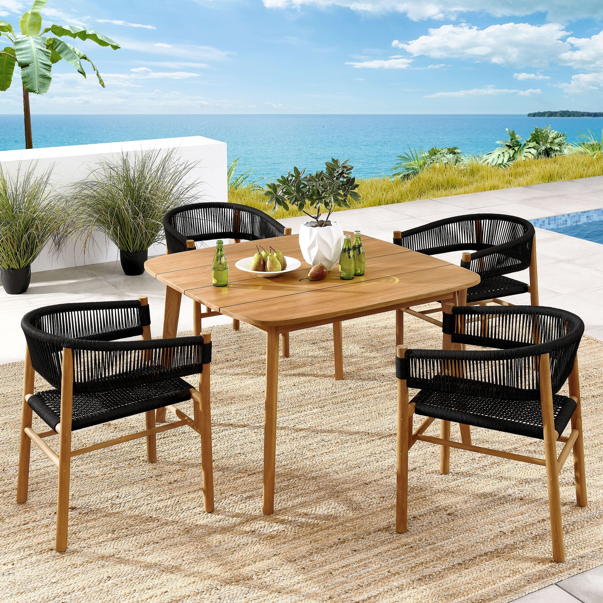 Vienna 5-Piece Outdoor Patio Teak and Rope Dining Set with Curved-Back Armchairs