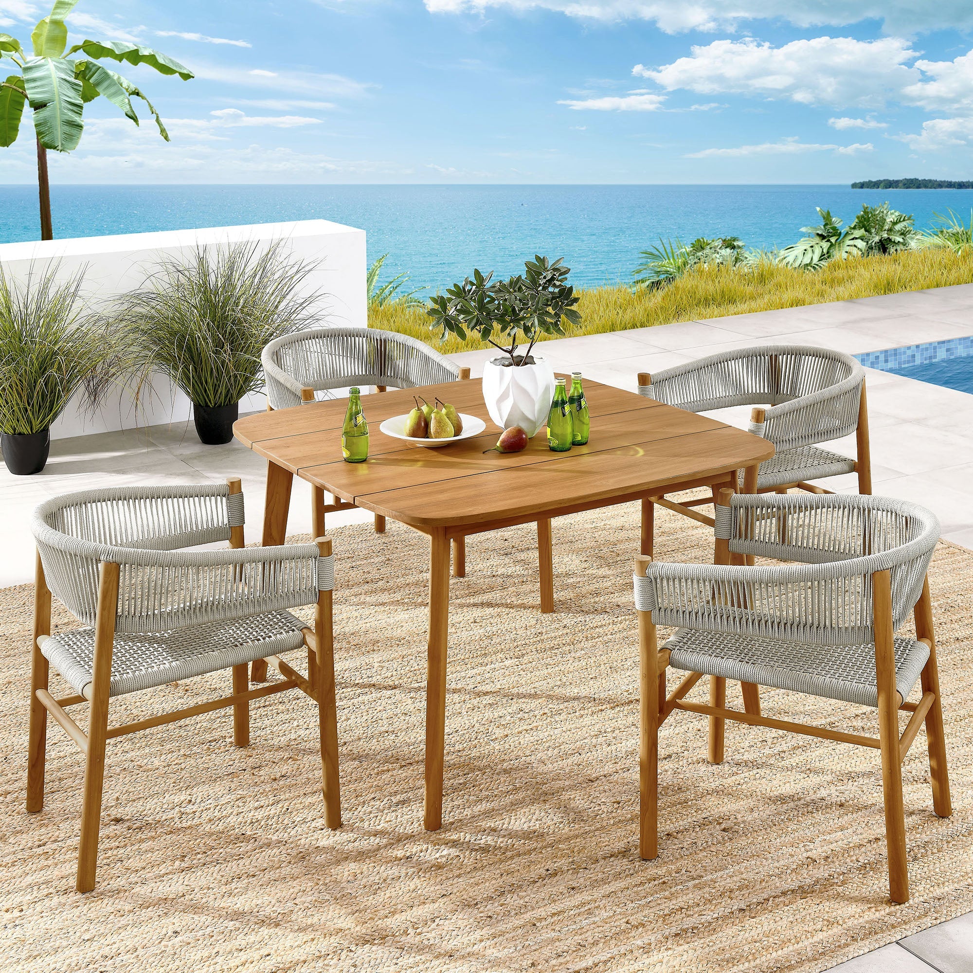 Vienna 5-Piece Outdoor Patio Teak and Rope Dining Set with Curved-Back Armchairs