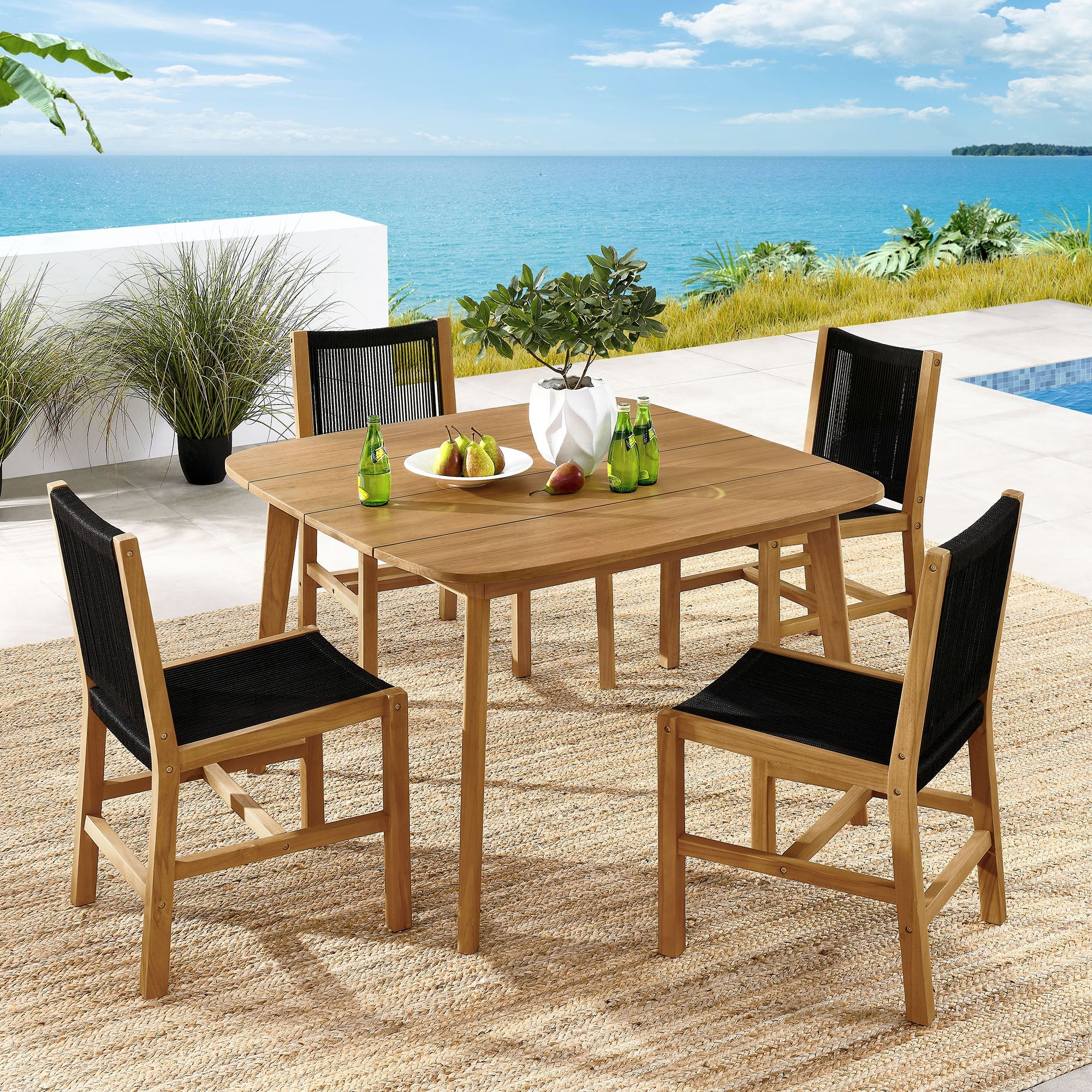 Vienna 5-Piece Outdoor Patio Teak and Rope Dining Set with Armless Chairs