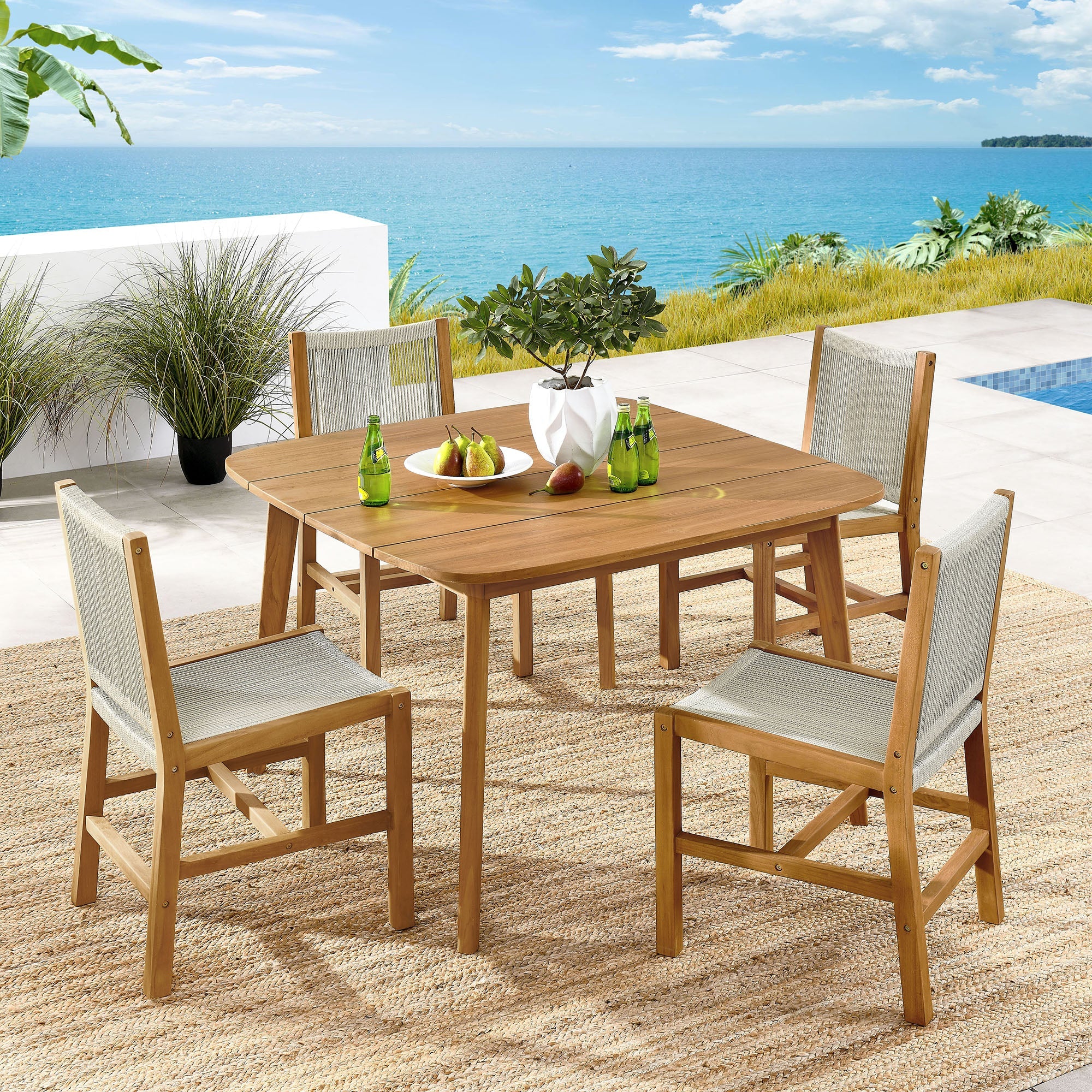 Vienna 5-Piece Outdoor Patio Teak and Rope Dining Set with Armless Chairs