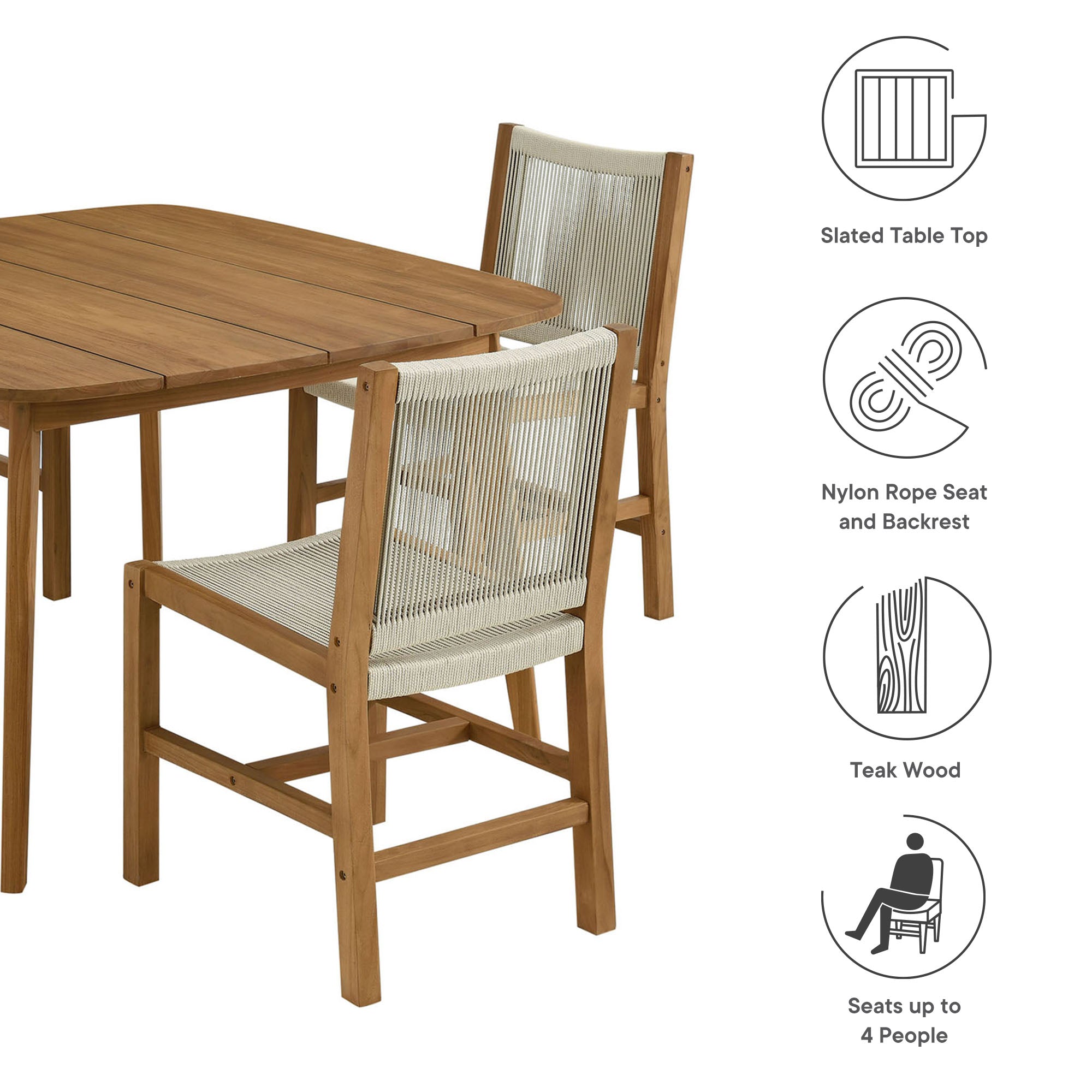 Vienna 5-Piece Outdoor Patio Teak and Rope Dining Set with Armless Chairs