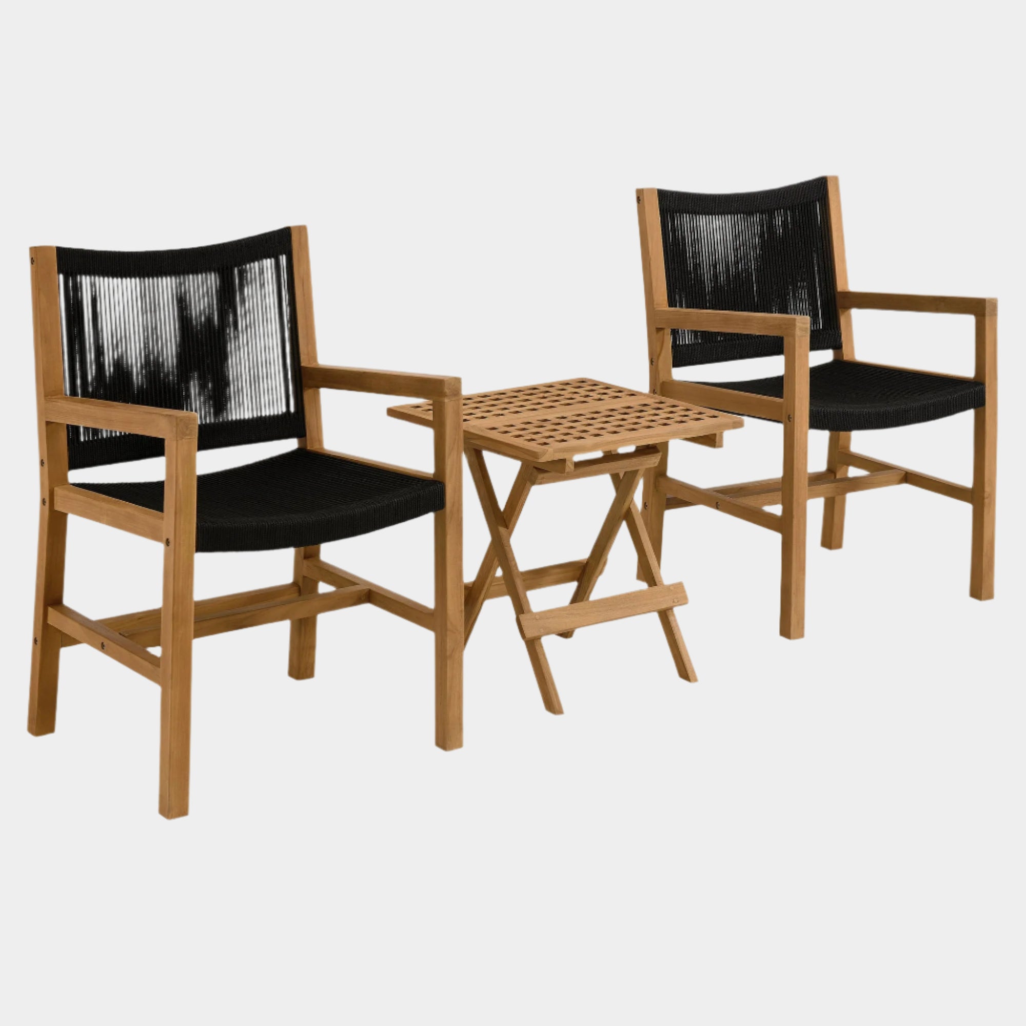 Vienna 3-Piece Outdoor Patio Teak and Rope Armchairs with Folding Side Table