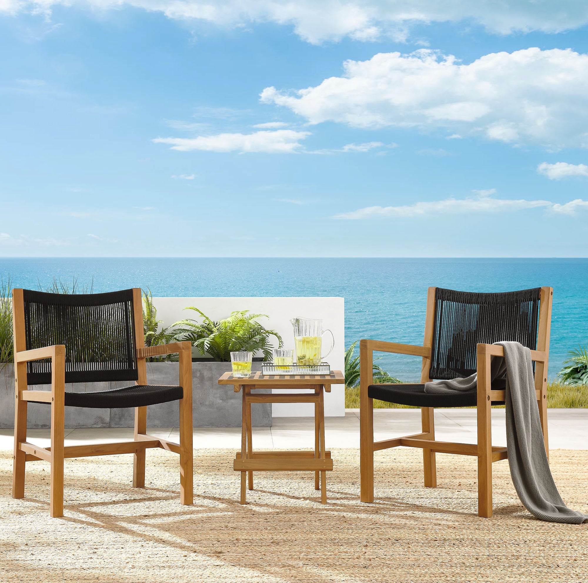 Vienna 3-Piece Outdoor Patio Teak and Rope Armchairs with Folding Side Table