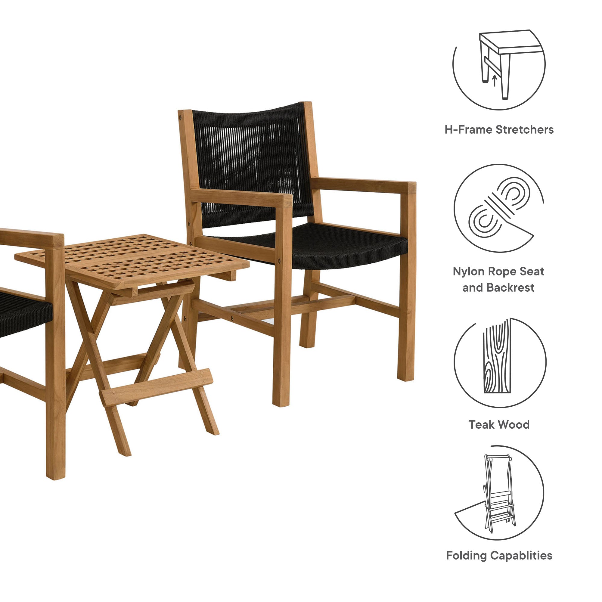 Vienna 3-Piece Outdoor Patio Teak and Rope Armchairs with Folding Side Table