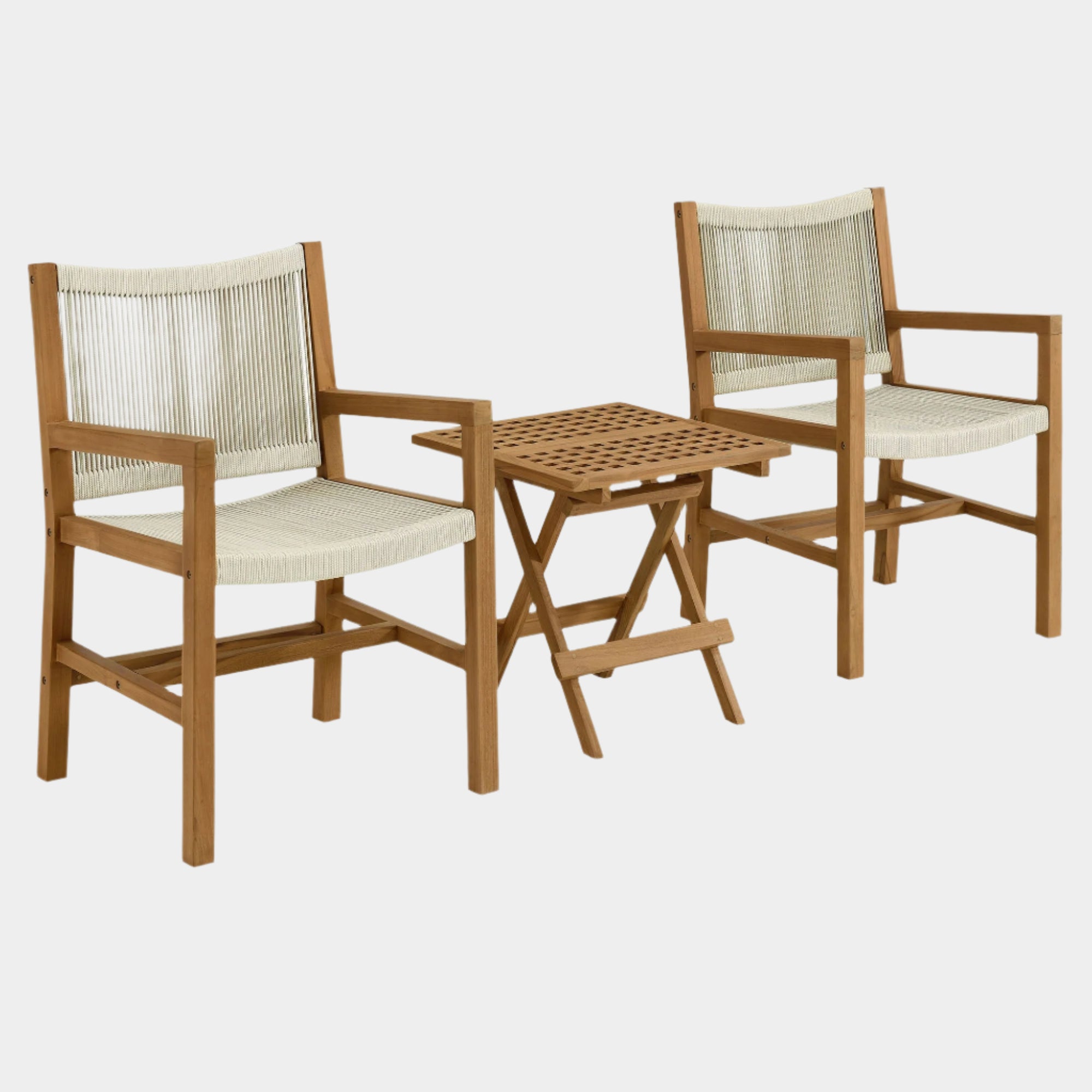 Vienna 3-Piece Outdoor Patio Teak and Rope Armchairs with Folding Side Table