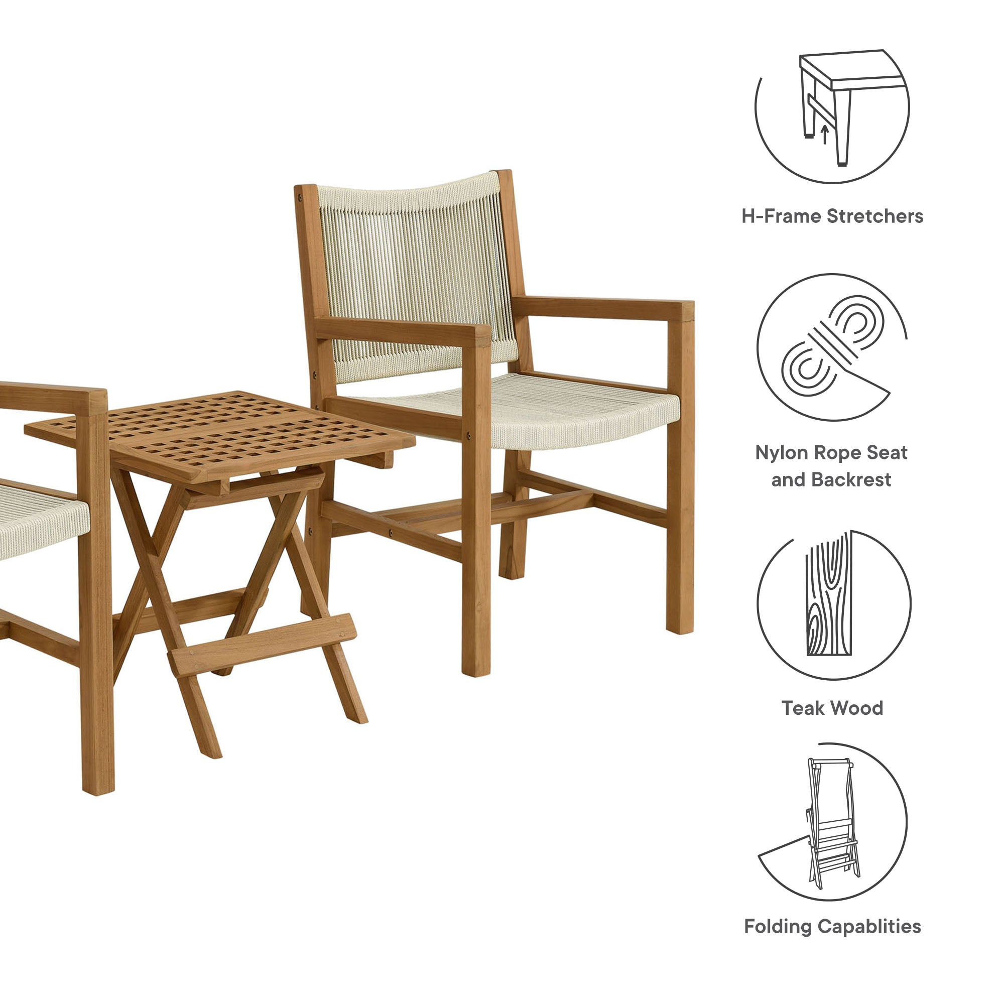 Vienna 3-Piece Outdoor Patio Teak and Rope Armchairs with Folding Side Table