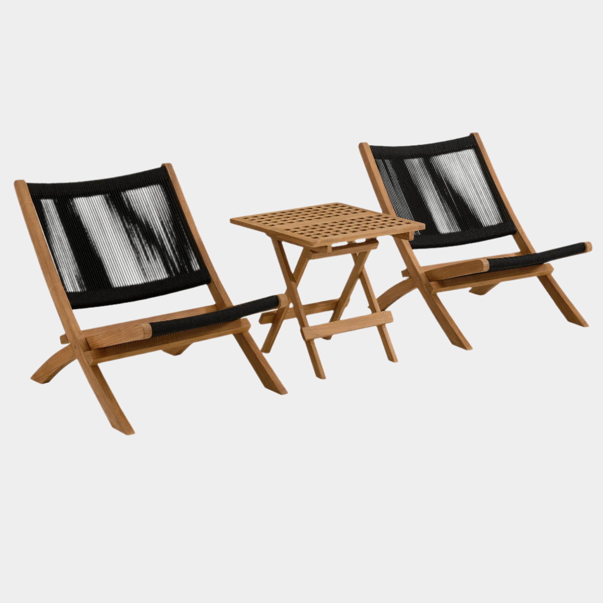 Vienna 3-Piece Outdoor Patio Teak and Rope Folding Lounge Chairs and Side Table