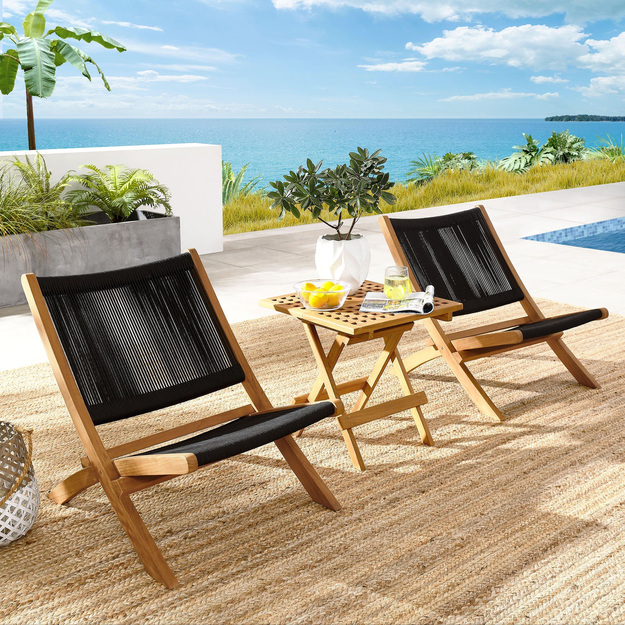 Vienna 3-Piece Outdoor Patio Teak and Rope Folding Lounge Chairs and Side Table