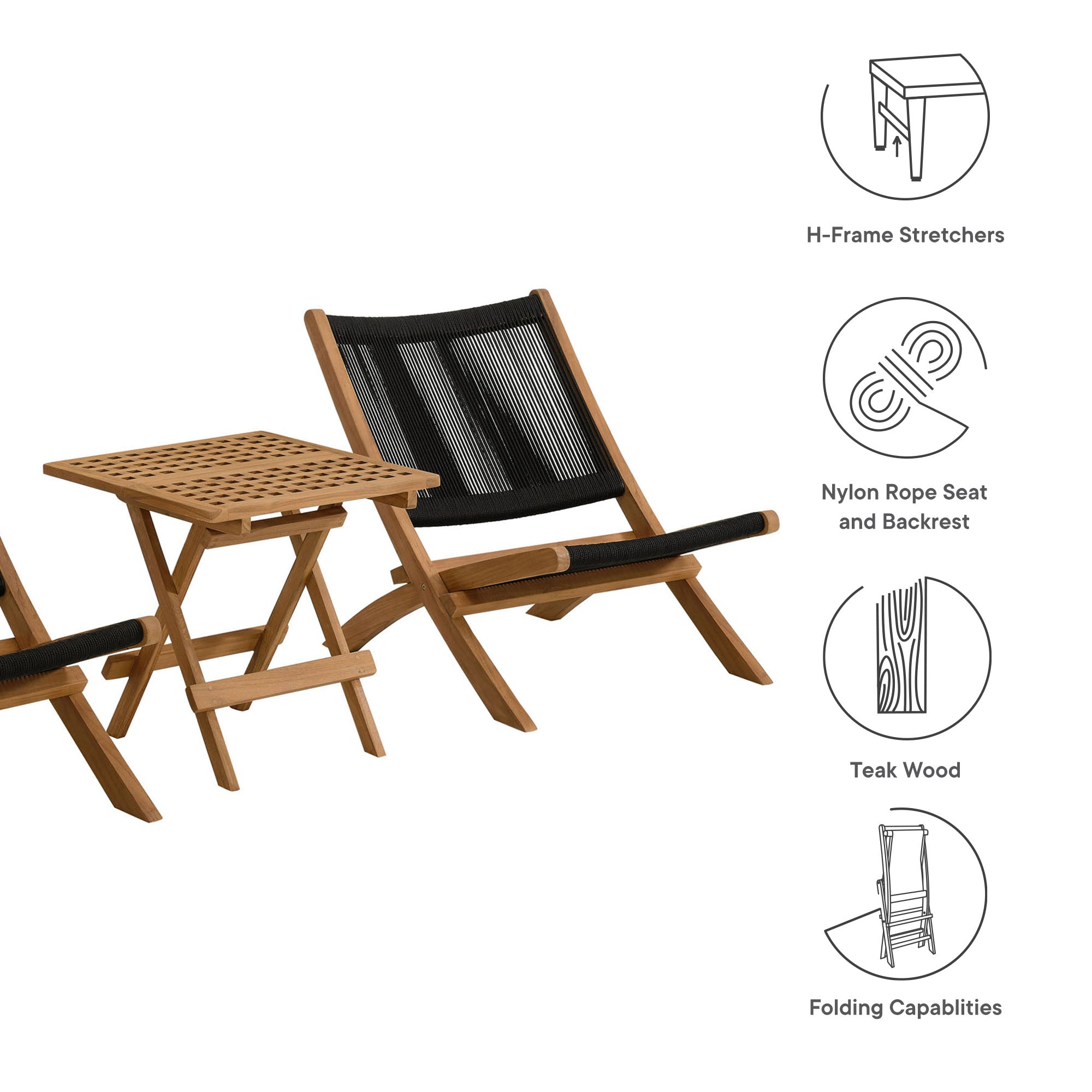 Vienna 3-Piece Outdoor Patio Teak and Rope Folding Lounge Chairs and Side Table