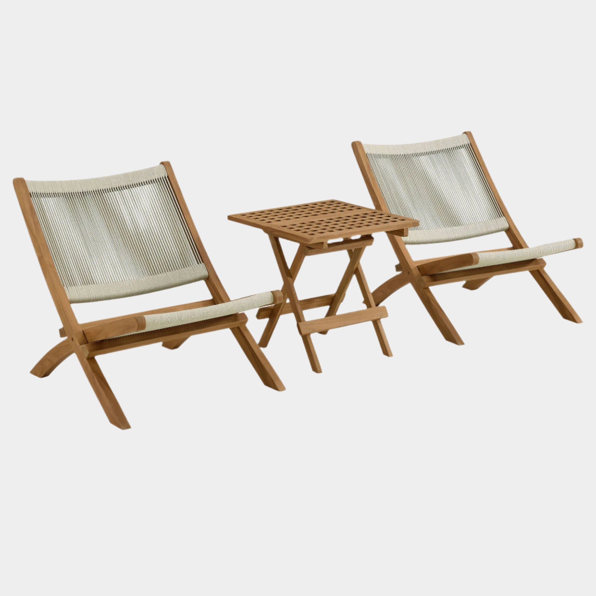 Vienna 3-Piece Outdoor Patio Teak and Rope Folding Lounge Chairs and Side Table