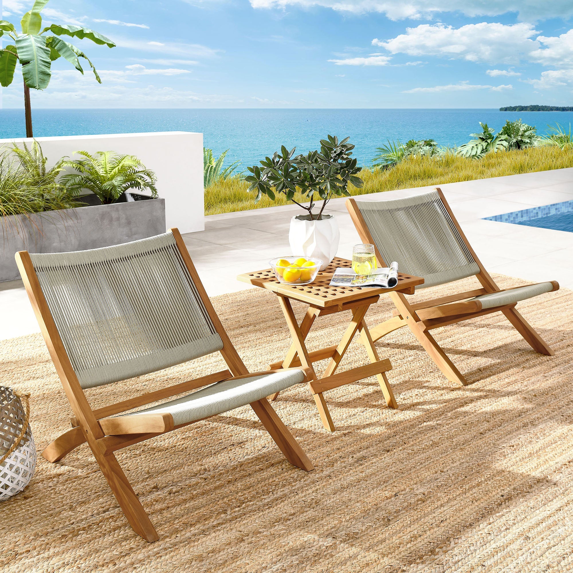 Vienna 3-Piece Outdoor Patio Teak and Rope Folding Lounge Chairs and Side Table