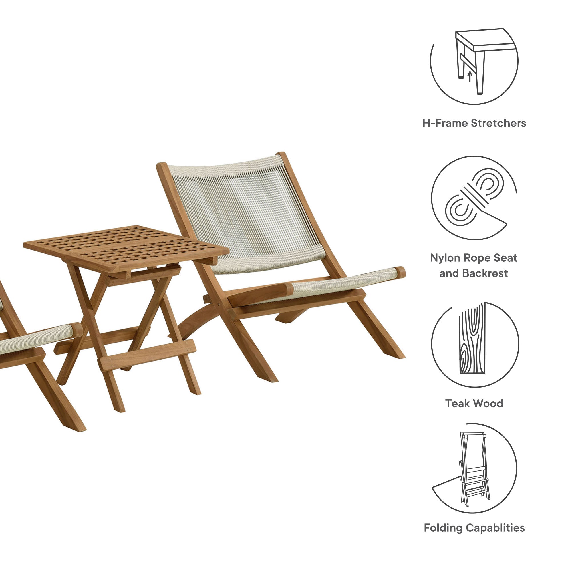 Vienna 3-Piece Outdoor Patio Teak and Rope Folding Lounge Chairs and Side Table