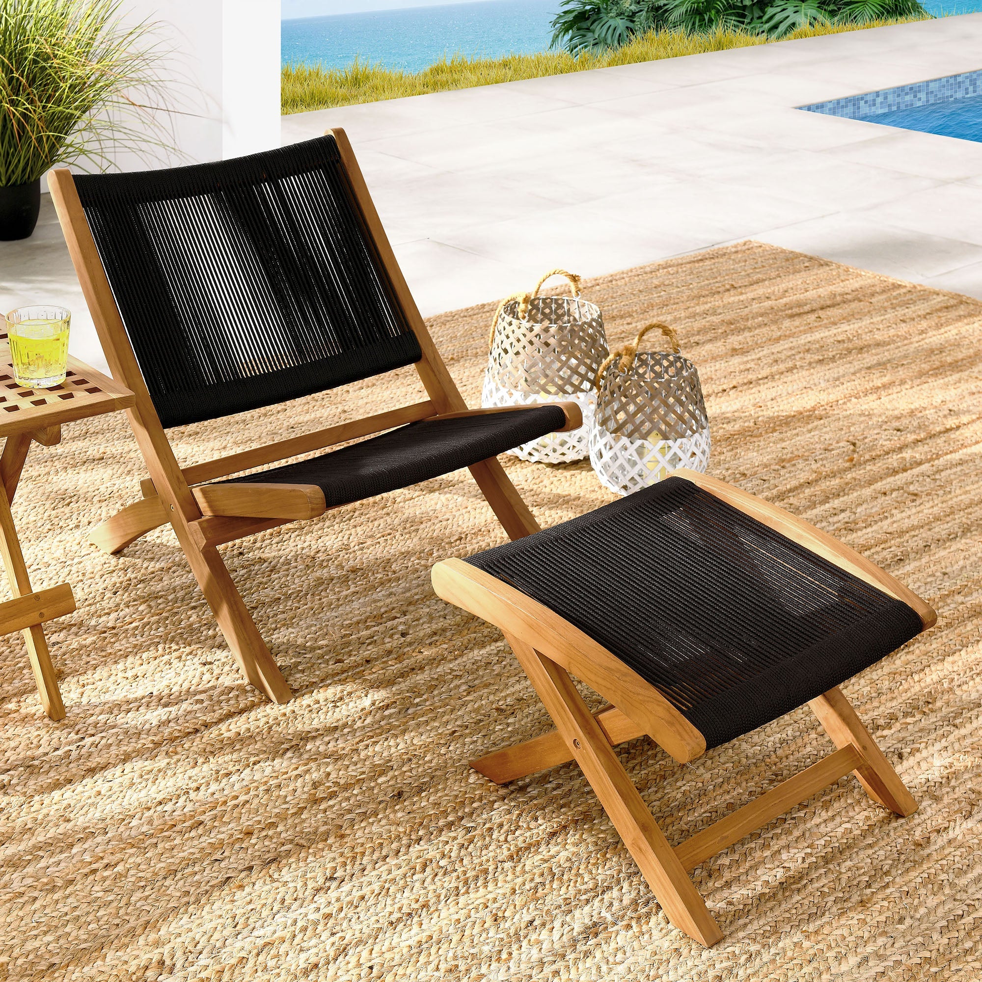 Vienna 2-Piece Outdoor Patio Teak and Rope Folding Accent Lounge Chair and Ottoman Set