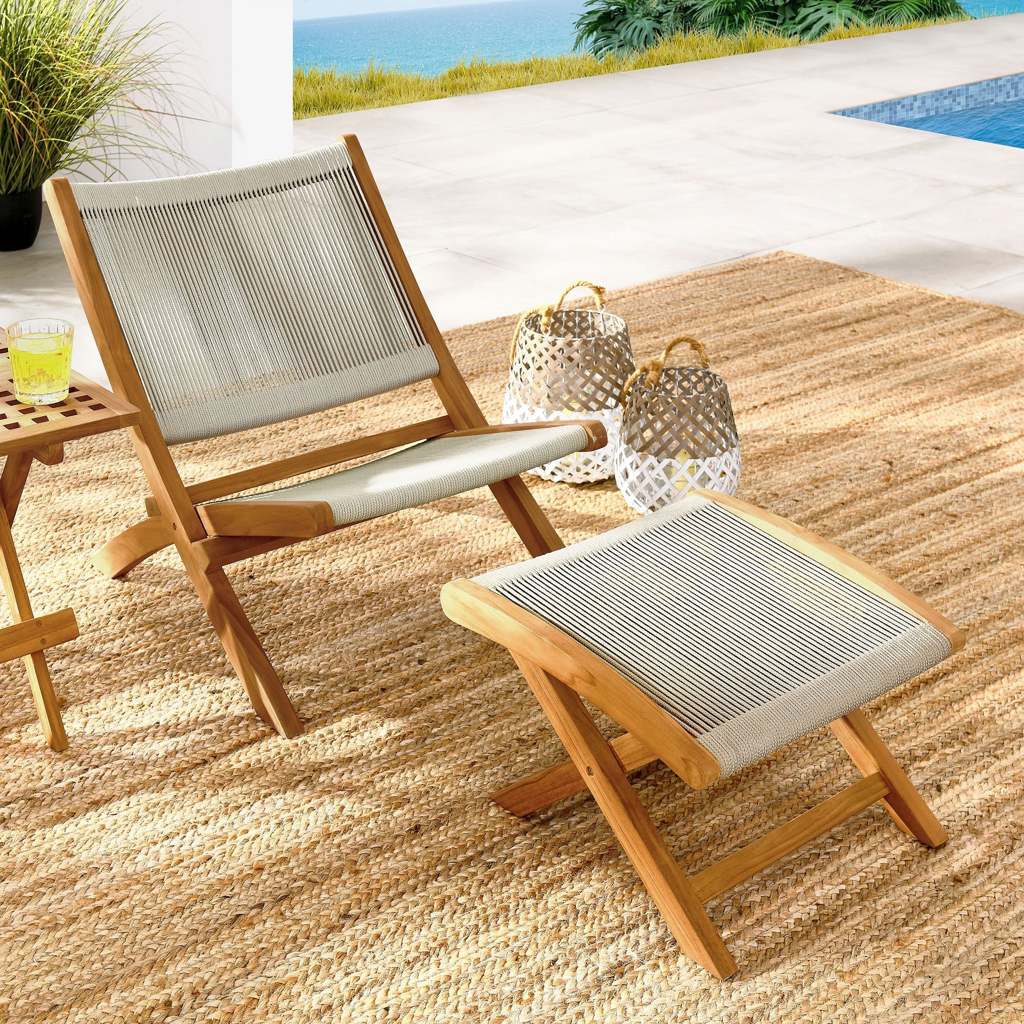 Vienna 2-Piece Outdoor Patio Teak and Rope Folding Accent Lounge Chair and Ottoman Set