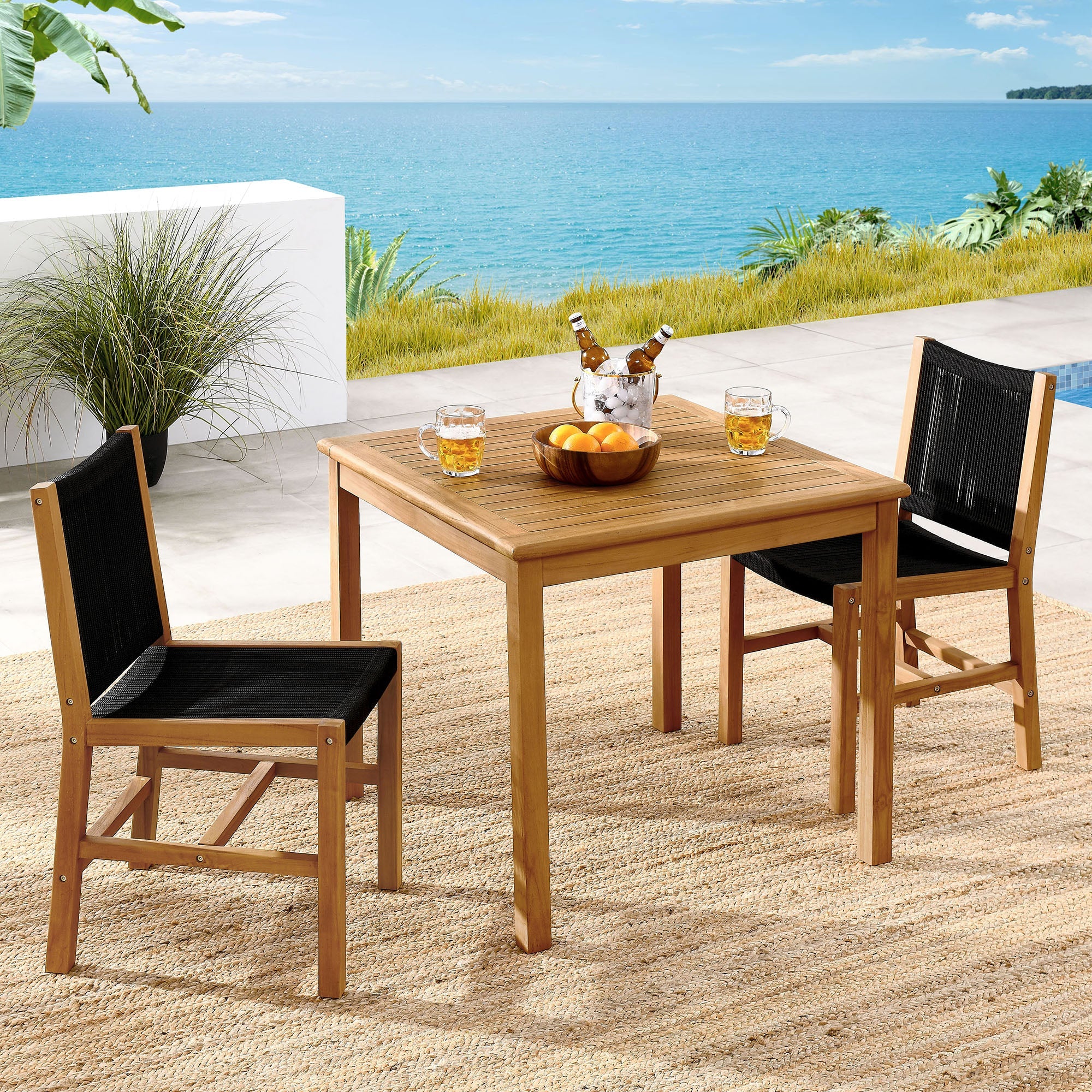 Vienna 3-Piece Outdoor Patio Teak and Rope Dining Set with Armless Chiars