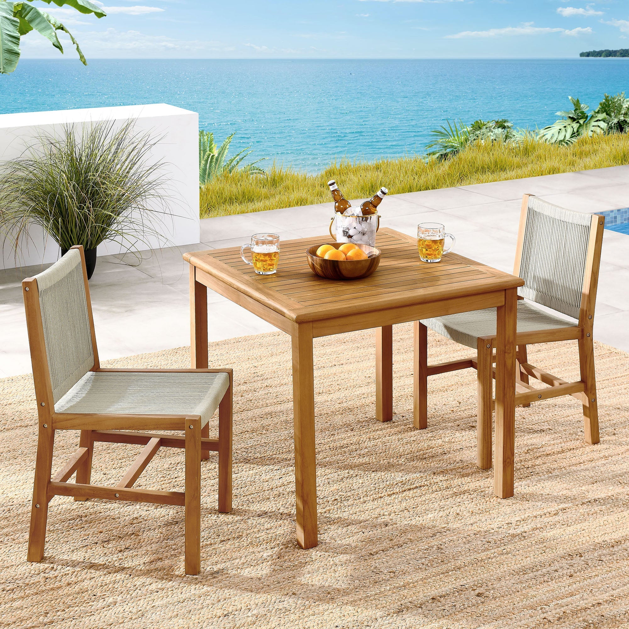 Vienna 3-Piece Outdoor Patio Teak and Rope Dining Set with Armless Chiars