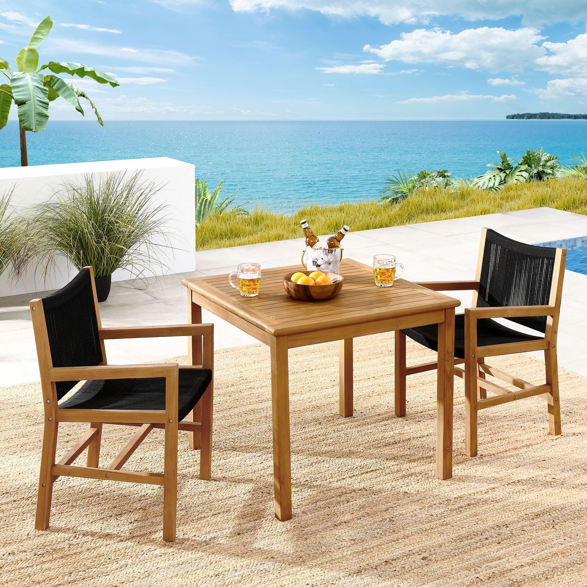 Vienna 3-Piece Outdoor Patio Teak and Rope Dining Set with Armchairs