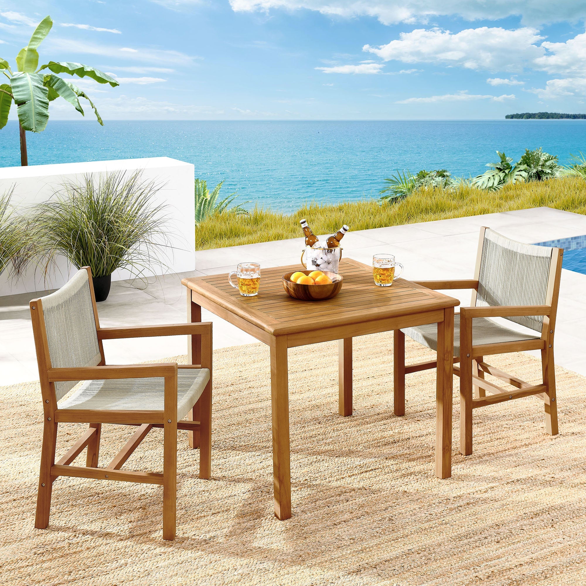 Vienna 3-Piece Outdoor Patio Teak and Rope Dining Set with Armchairs