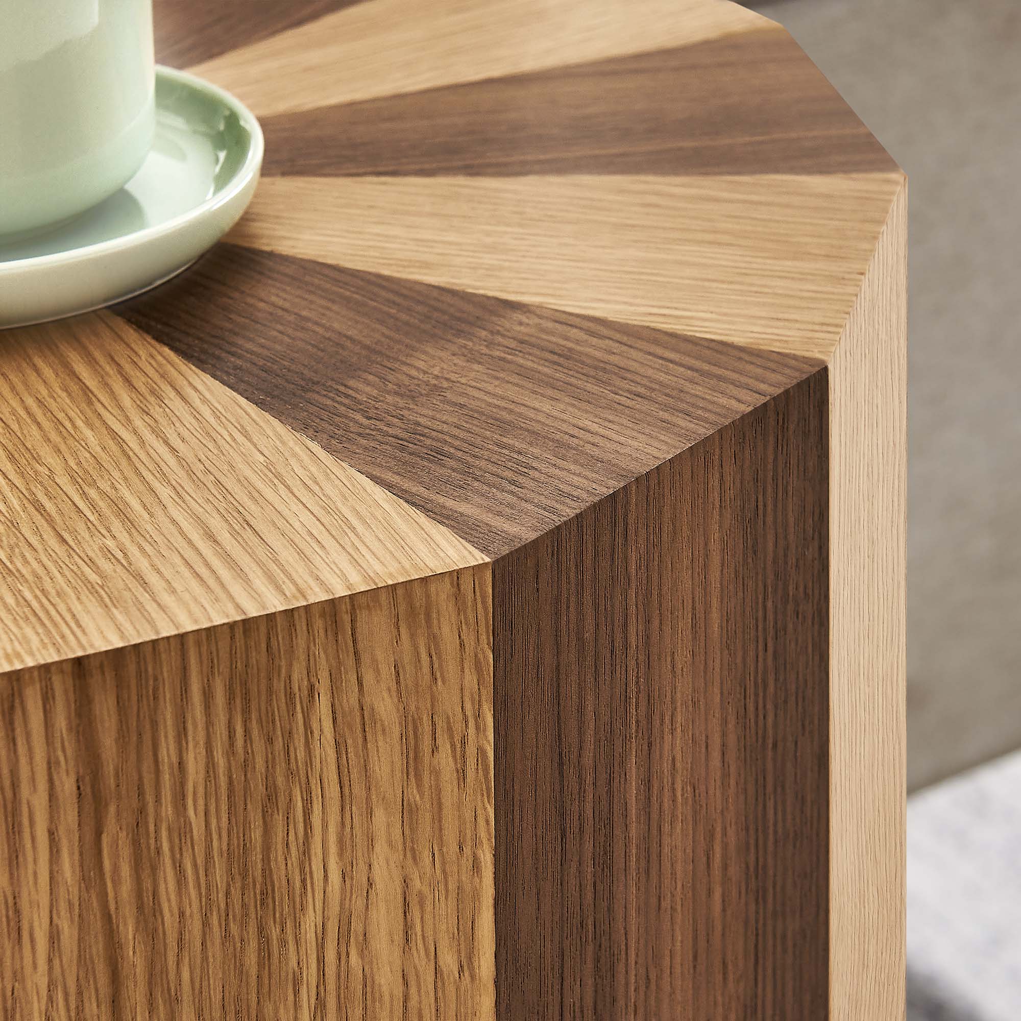 Twirl Two-Toned Wood Veneer Side Table in Oak Walnut