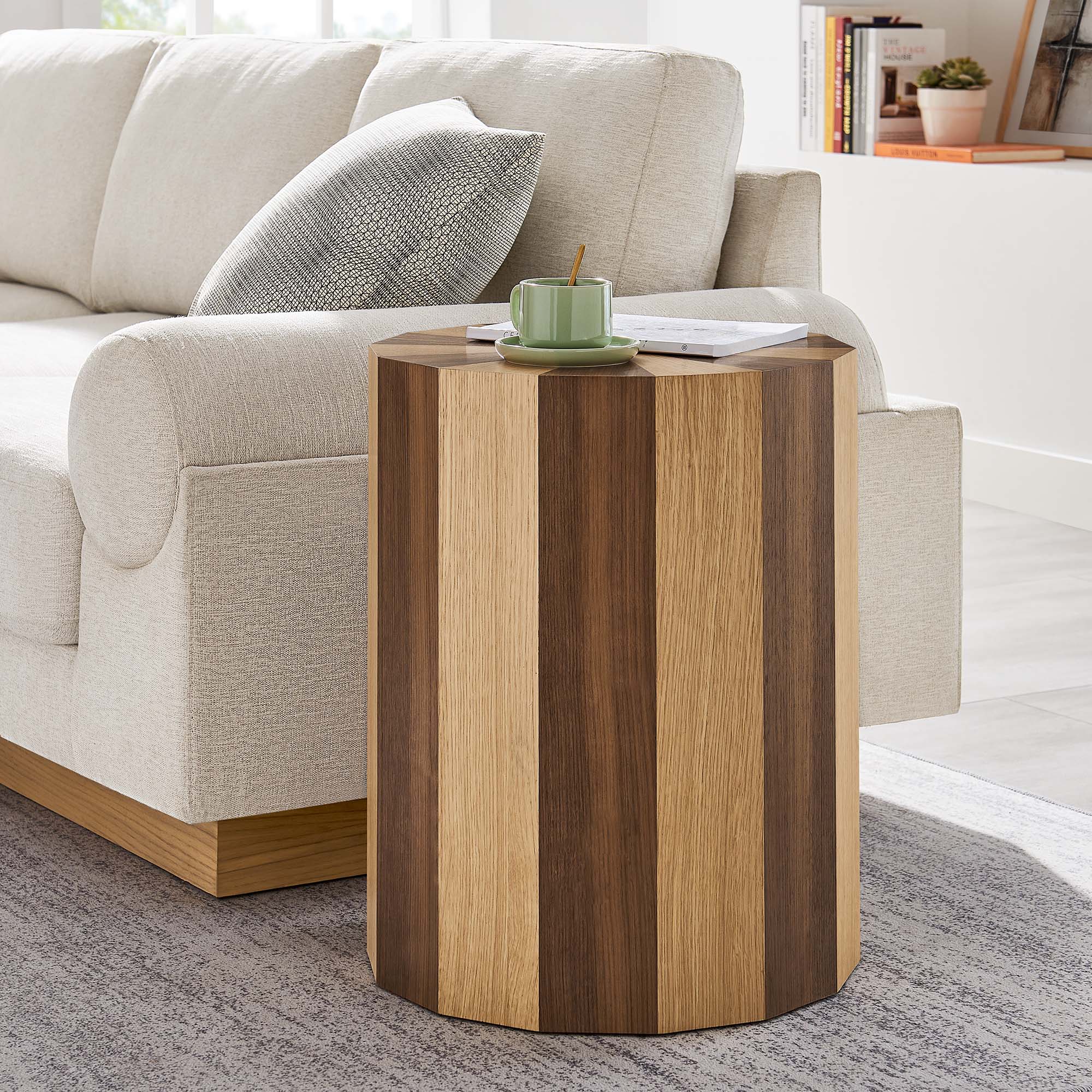 Twirl Two-Toned Wood Veneer Side Table in Oak Walnut