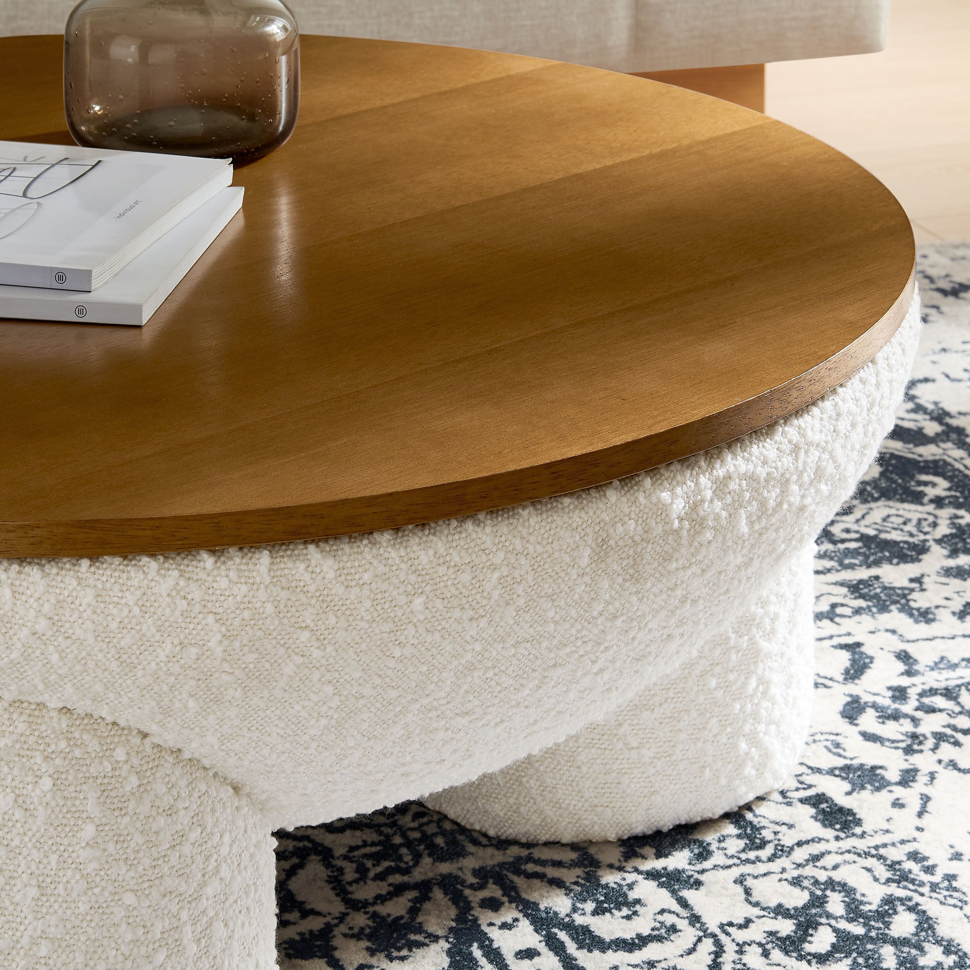 Tridome Round Boucle Upholstered Storage Coffee Table in Natural Ivory