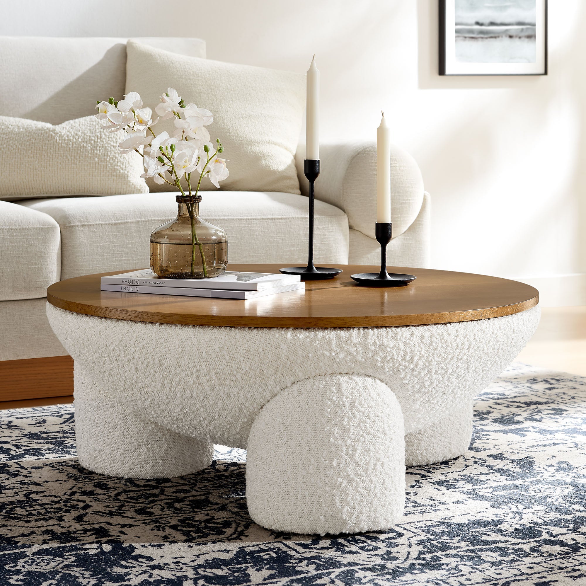 Tridome Round Boucle Upholstered Storage Coffee Table in Natural Ivory