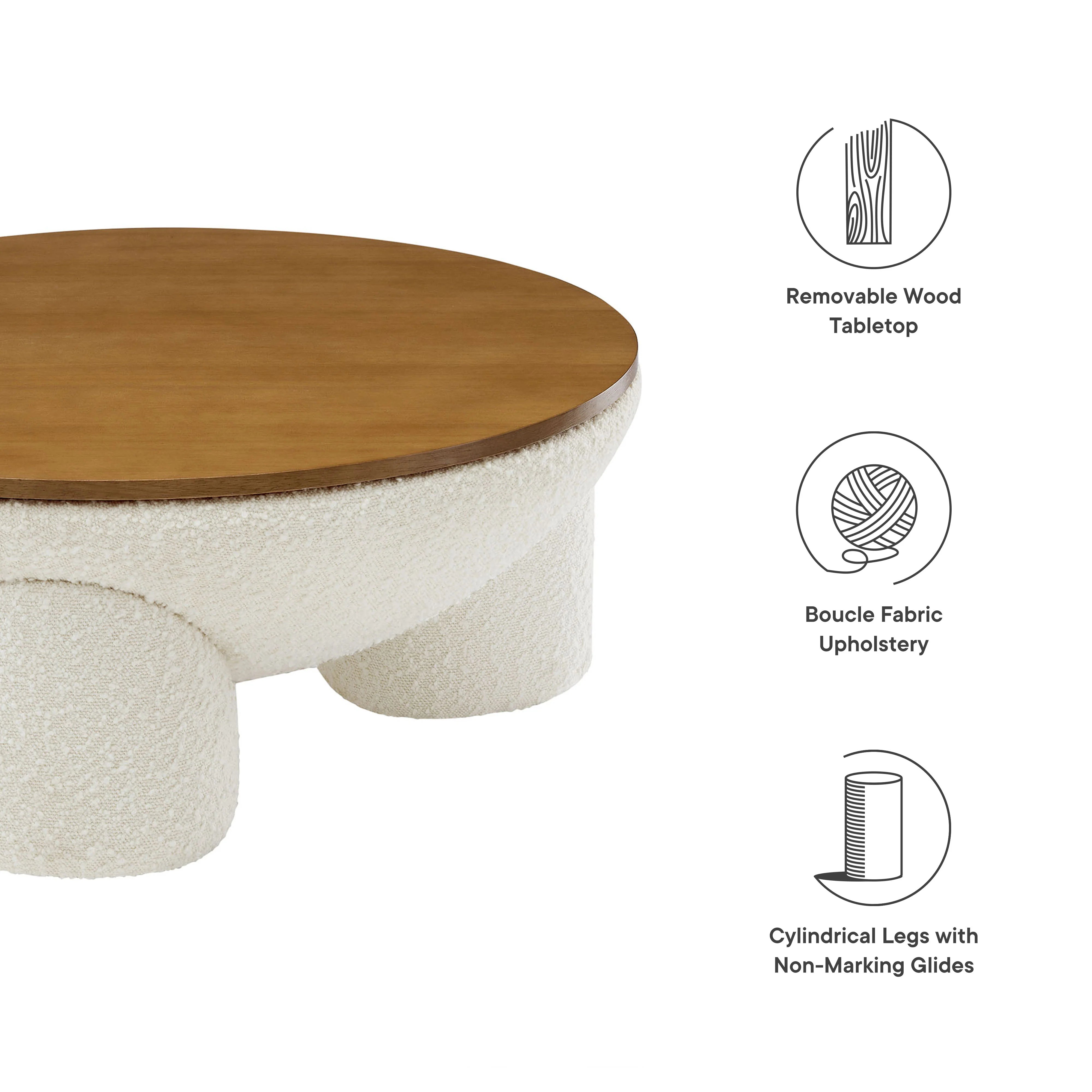 Tridome Round Boucle Upholstered Storage Coffee Table in Natural Ivory