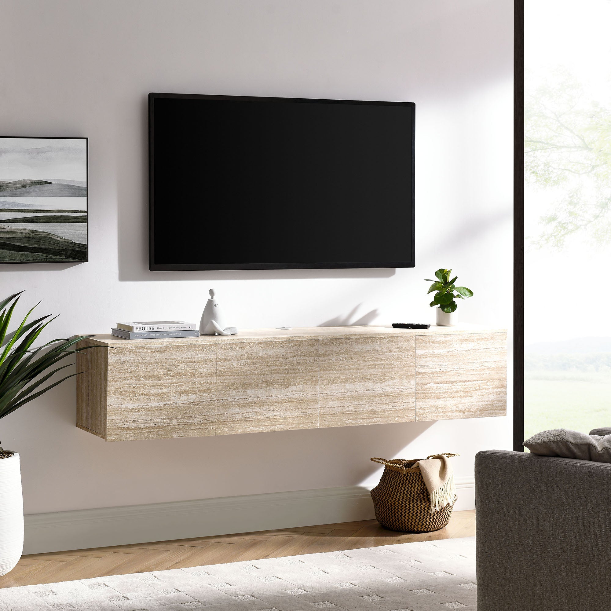 Terra 71" Wall-Mounted TV Stand in Travertine