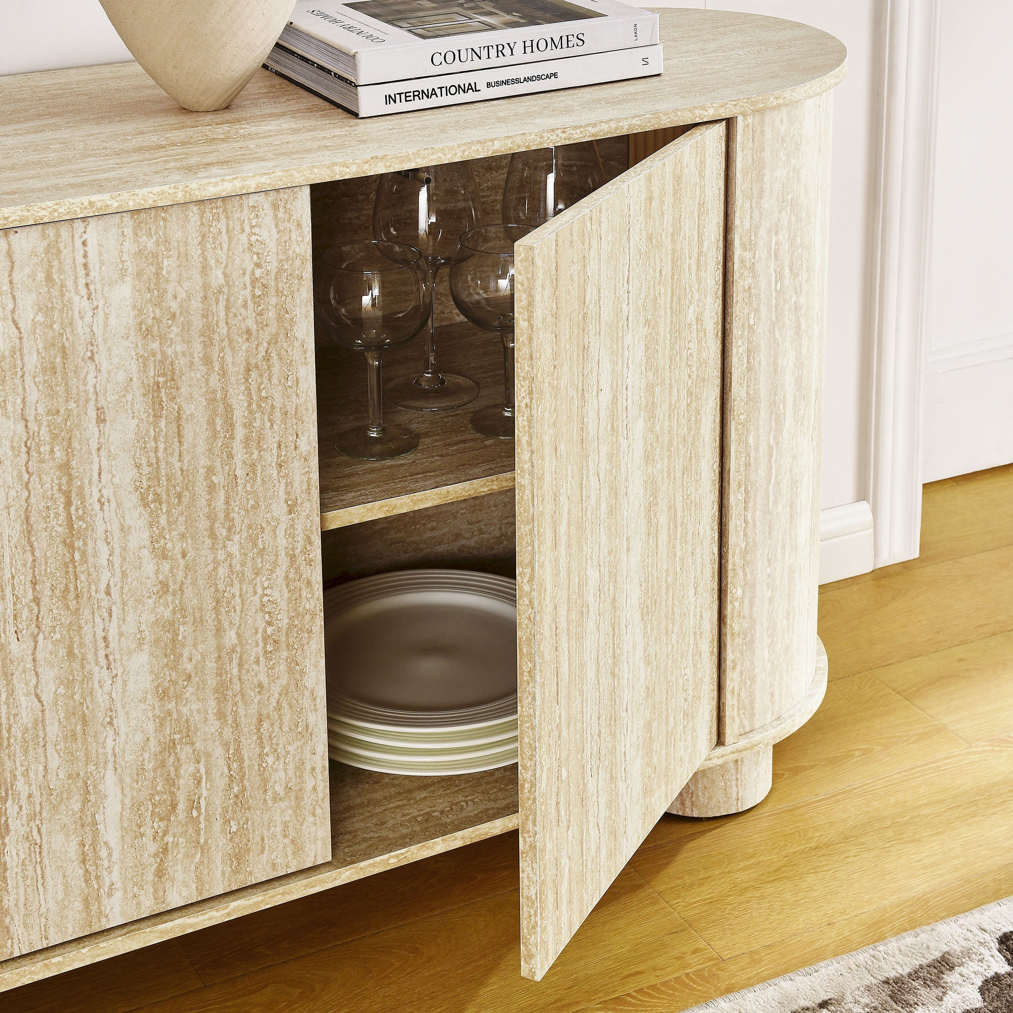 Overture 63” Oval Faux Travertine Sideboard in Travertine