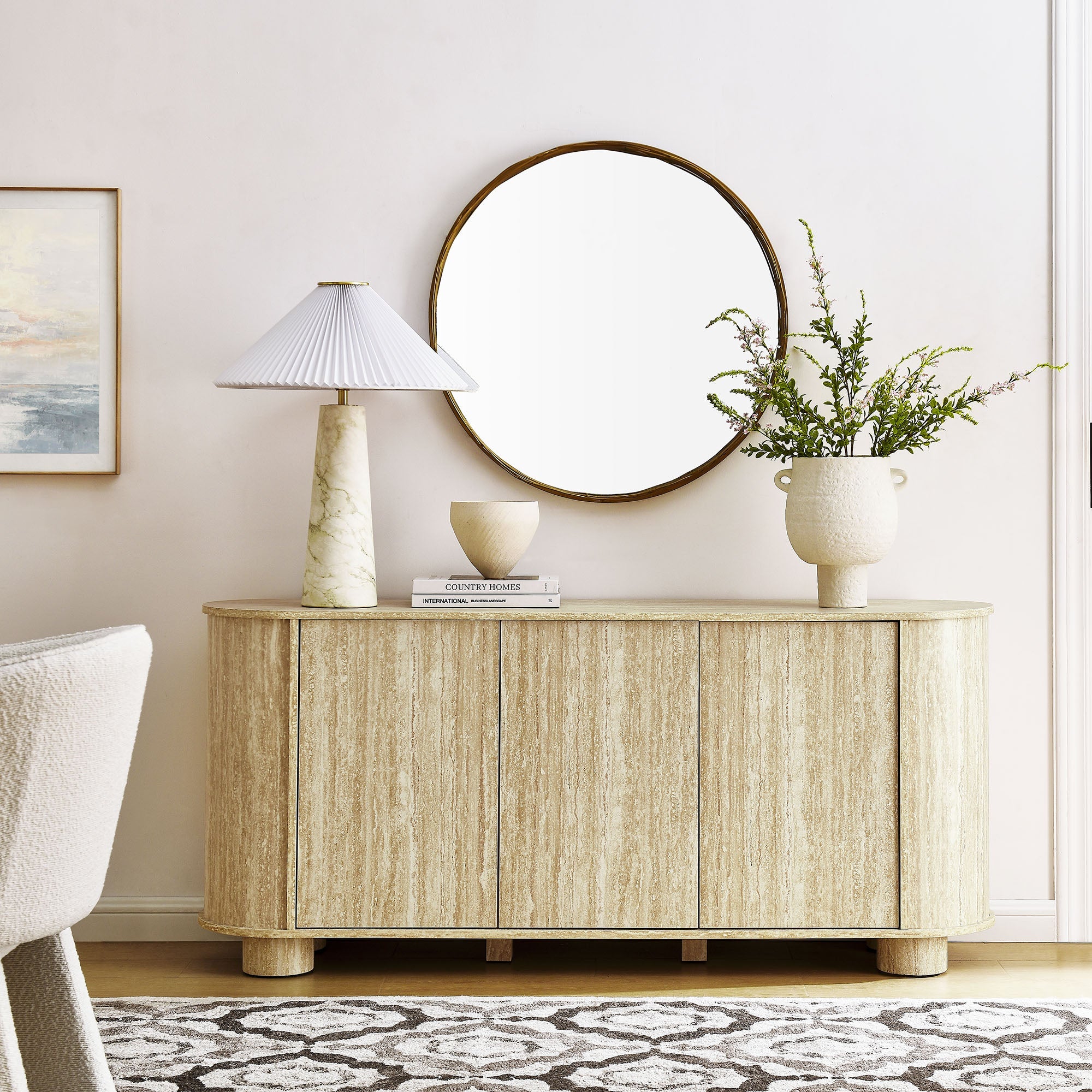 Overture 63” Oval Faux Travertine Sideboard in Travertine