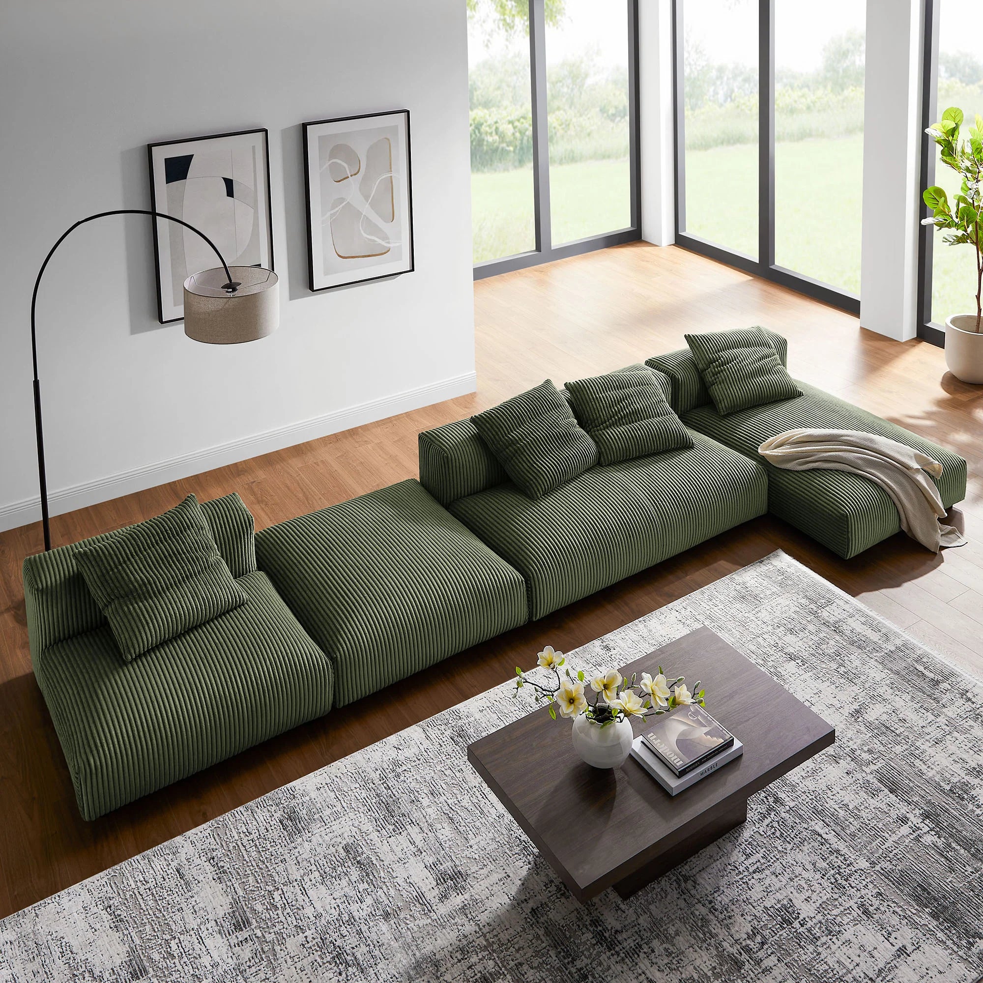 Solace 4-Piece Modular Corduroy Upholstered Sectional Sofa With Ottoman