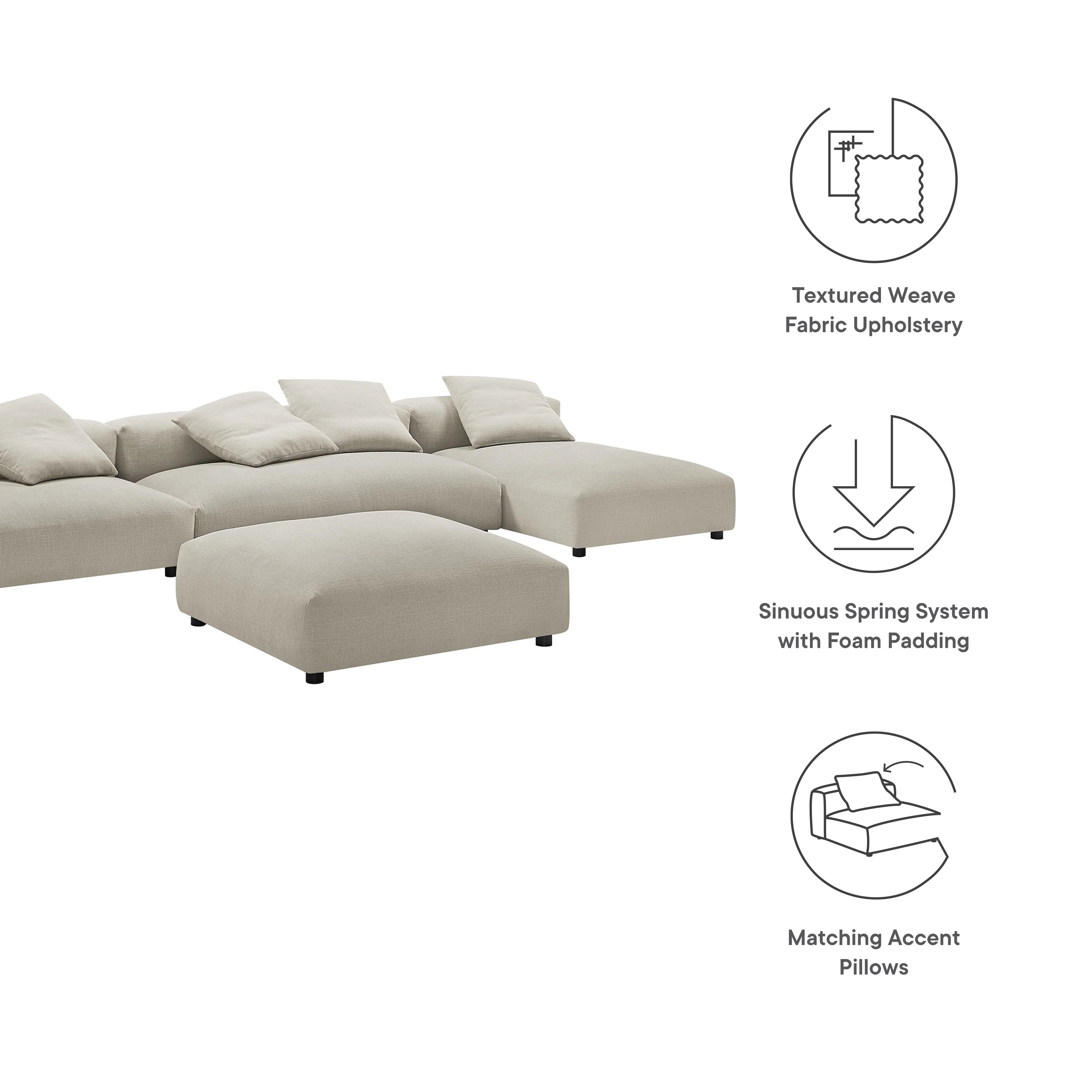 Solace 4-Piece Modular Upholstered Fabric Sectional Sofa With Ottoman