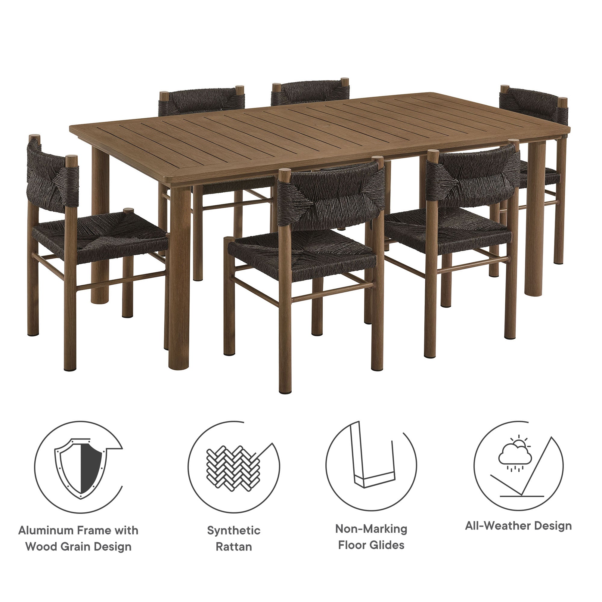 Parkland 7-Piece Rectangular Outdoor Patio Rattan and Aluminum Dining Table and Chairs Set