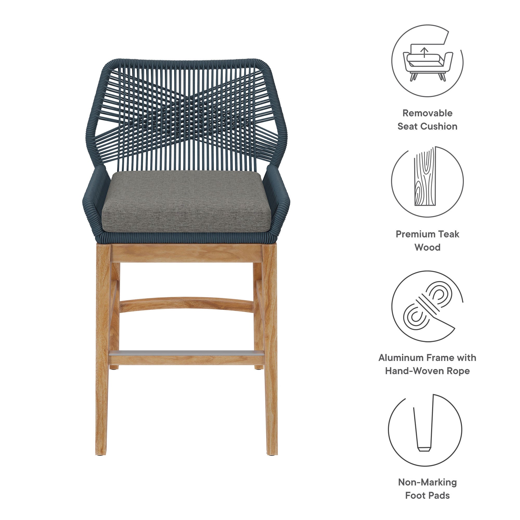 Wellspring Outdoor Patio Teak and Rope Counter Stool