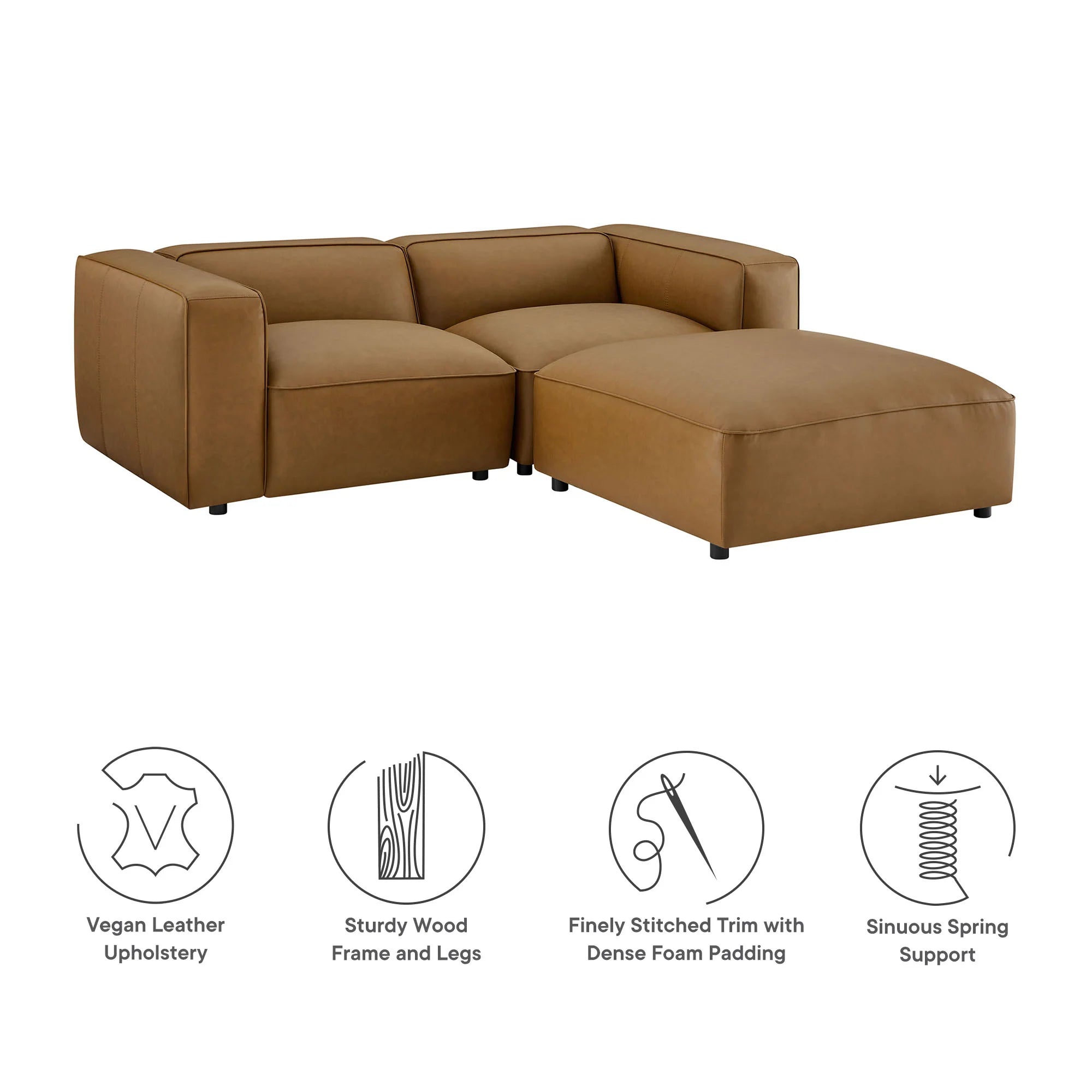 Auren 3-Piece Upholstered Vegan Leather Modular Loveseat with Ottoman