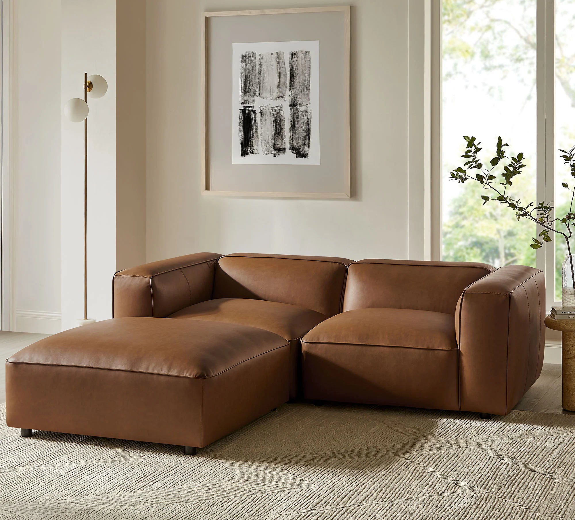 Auren 3-Piece Upholstered Vegan Leather Modular Loveseat with Ottoman