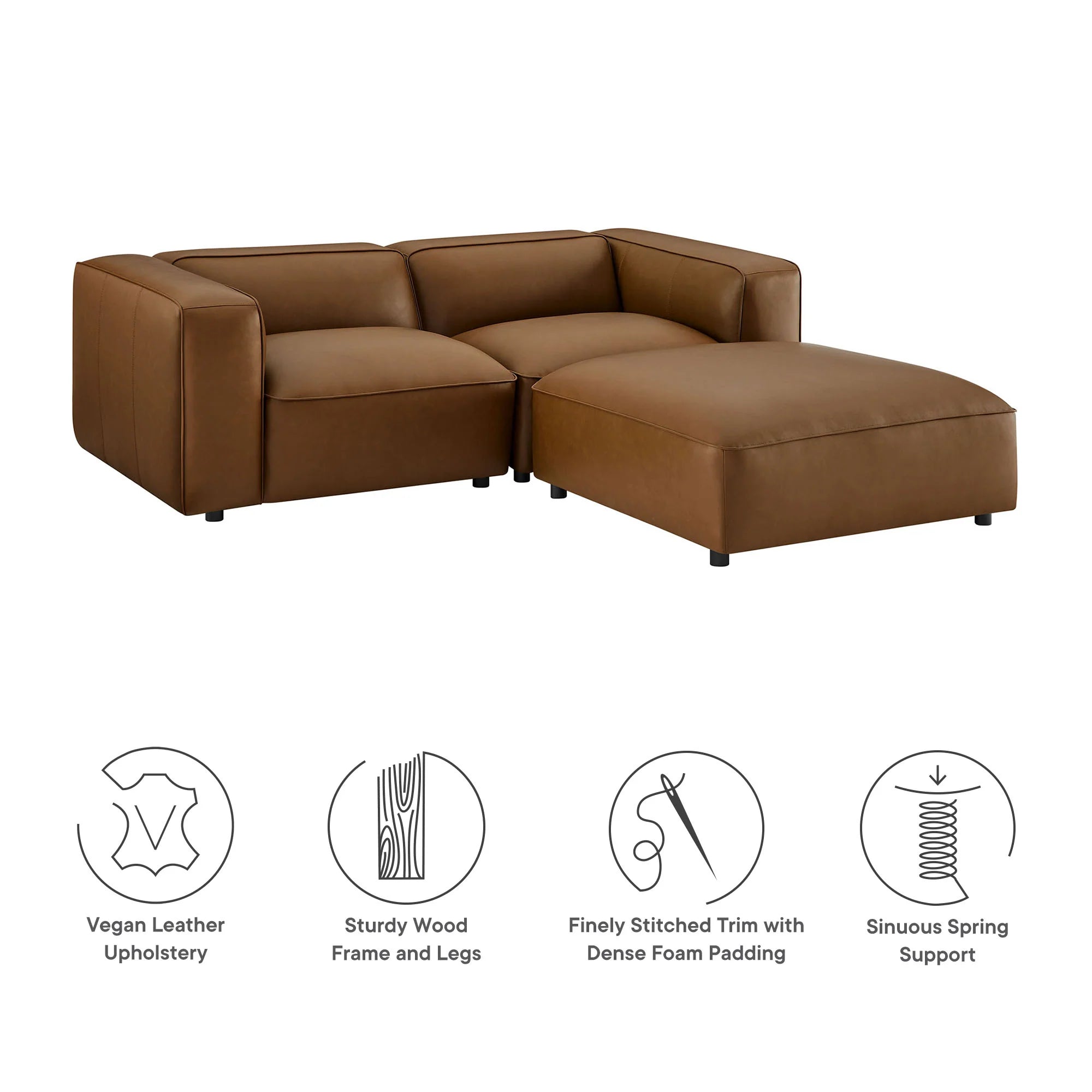 Auren 3-Piece Upholstered Vegan Leather Modular Loveseat with Ottoman