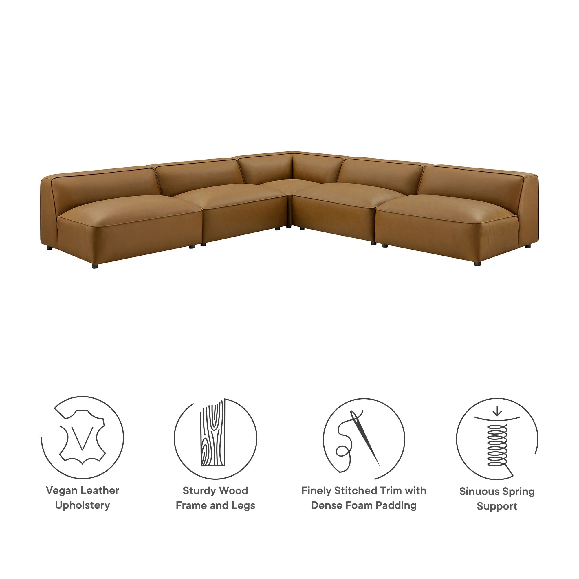 Auren 5-Piece Upholstered Armless L-Shaped Vegan Leather Modular Sofa