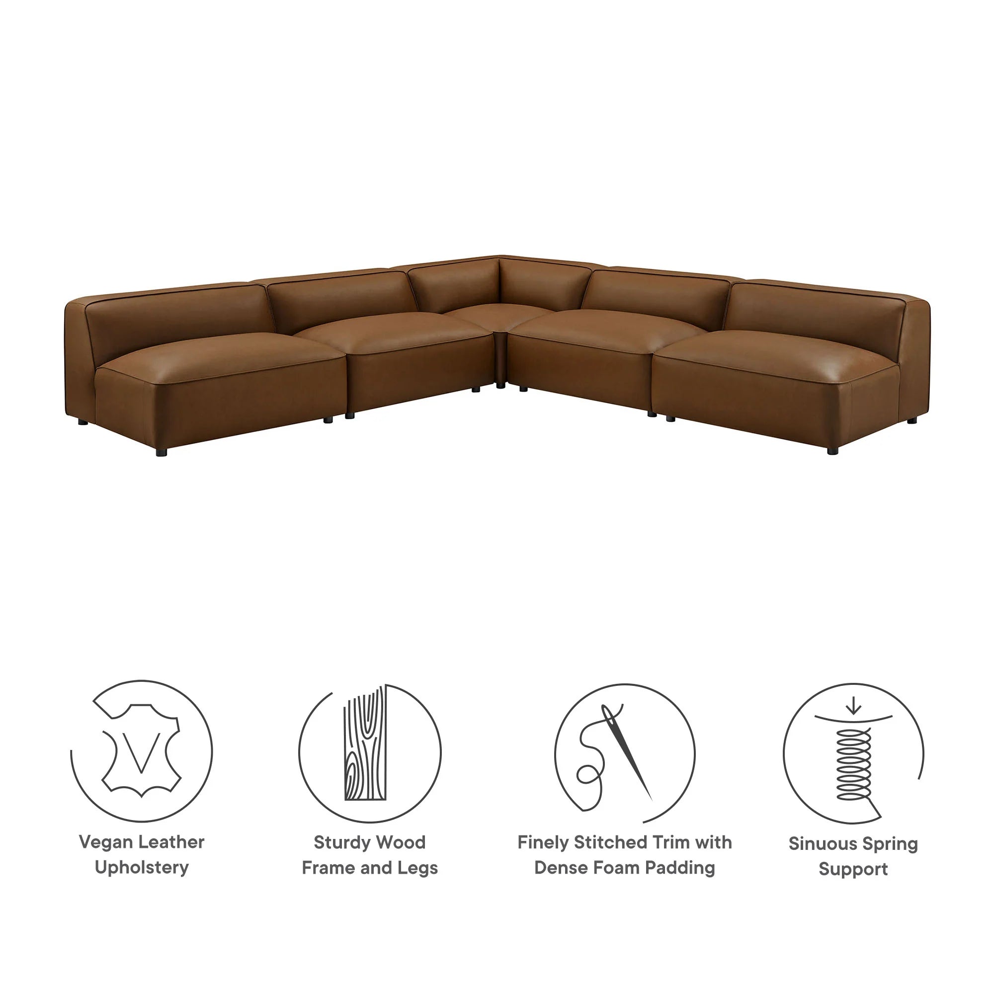 Auren 5-Piece Upholstered Armless L-Shaped Vegan Leather Modular Sofa