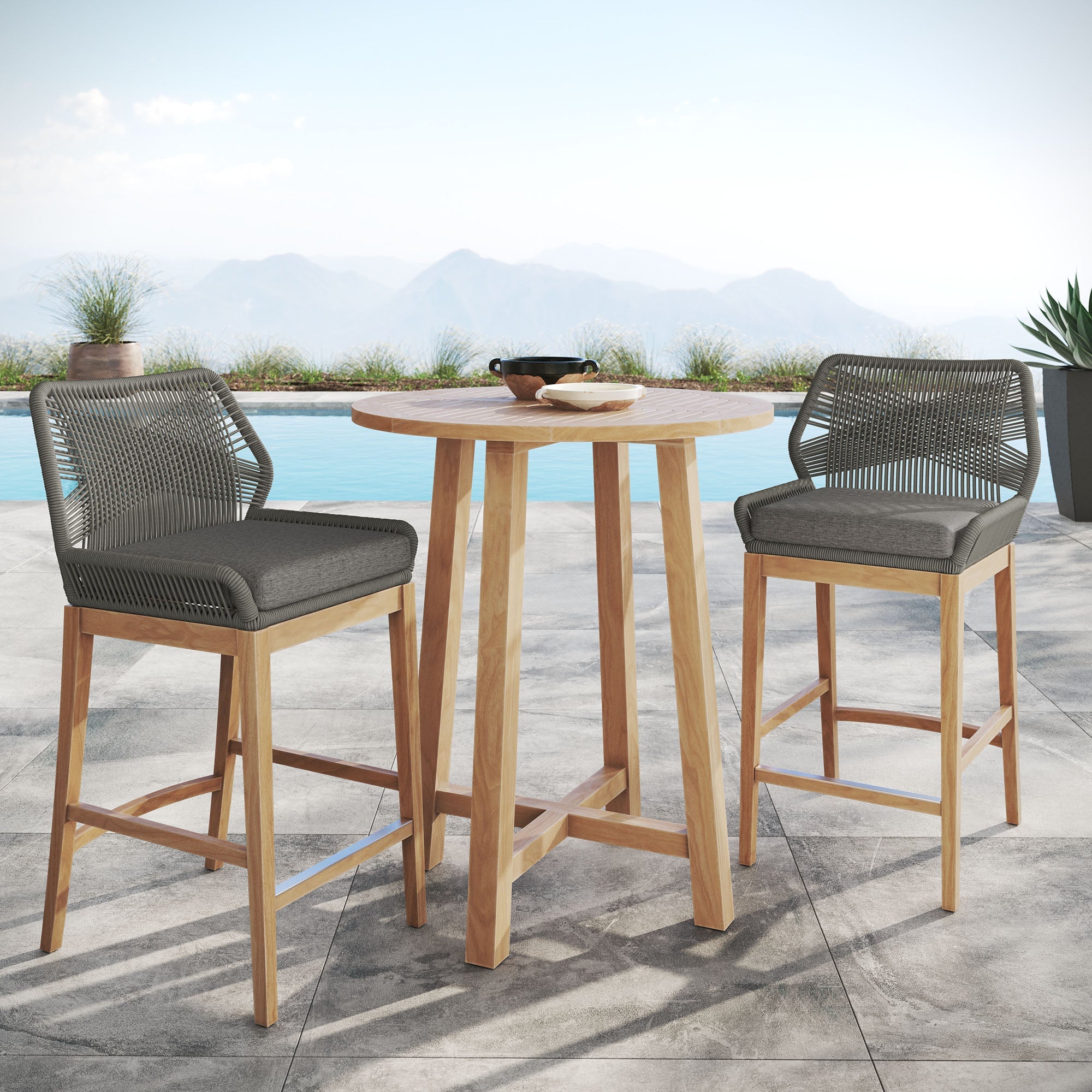 Wellspring 3-Piece Outdoor Patio Teak Wood Bar Set