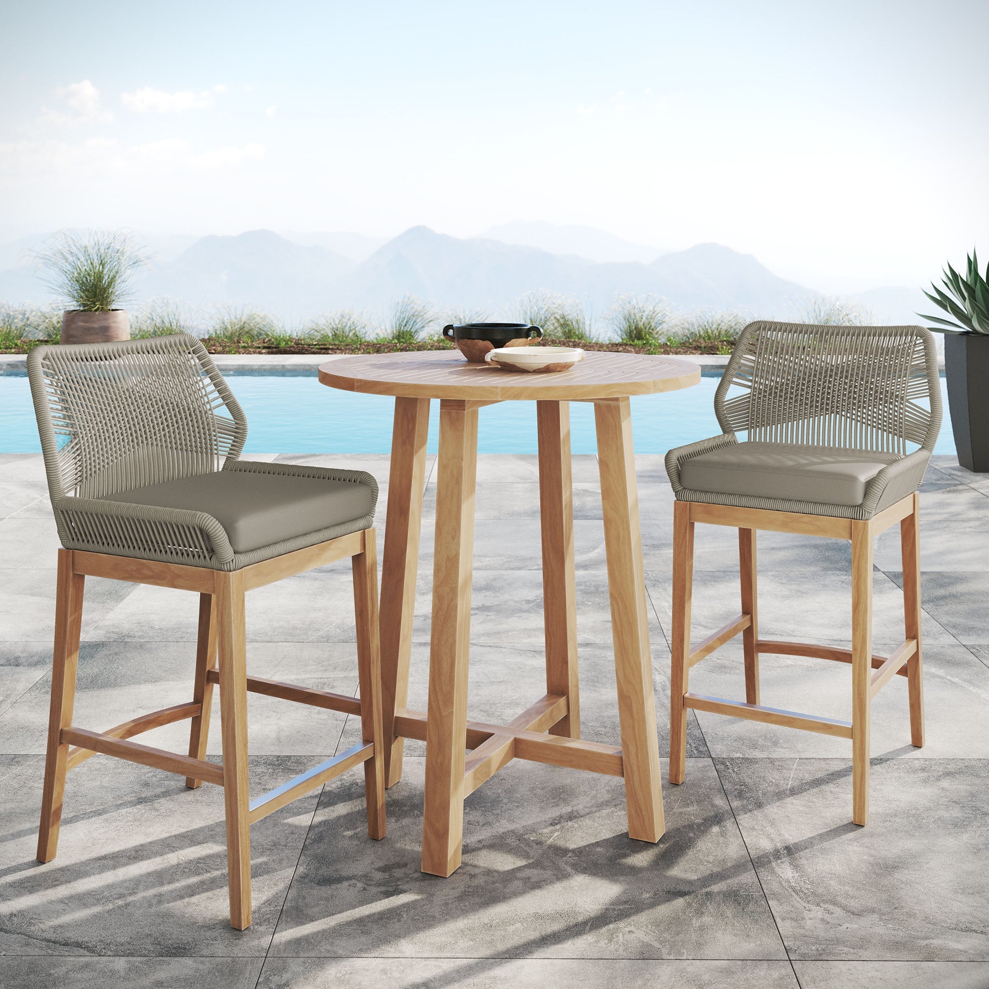 Wellspring 3-Piece Outdoor Patio Teak Wood Bar Set