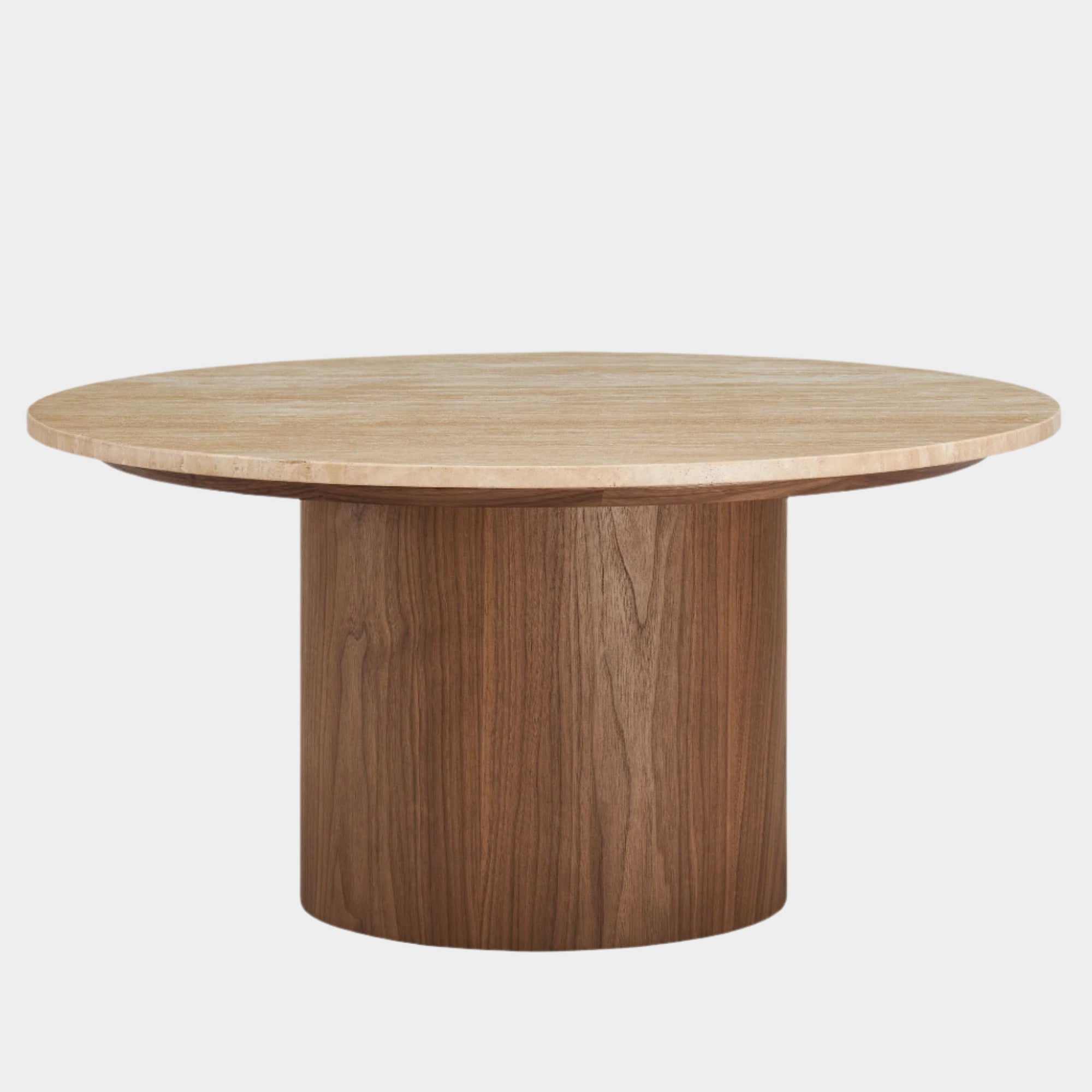 Kioni Round Travertine Coffee Table in Walnut