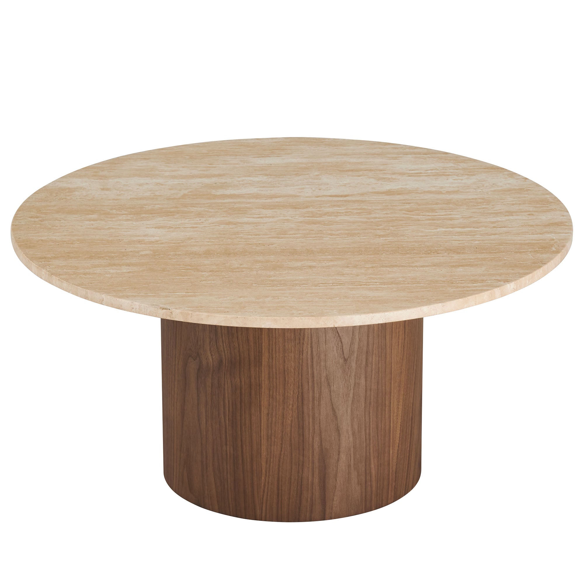 Kioni Round Travertine Coffee Table in Walnut