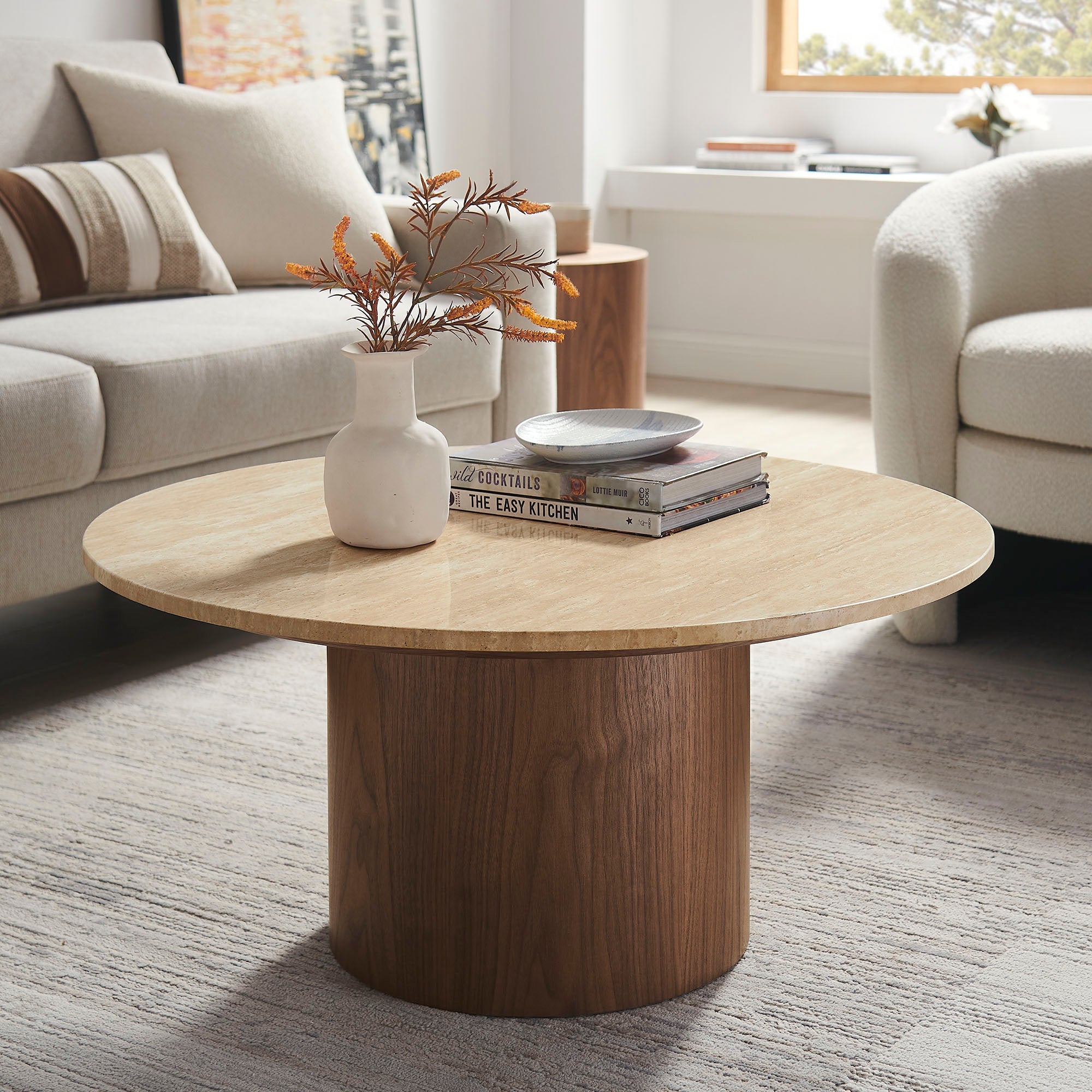 Kioni Round Travertine Coffee Table in Walnut